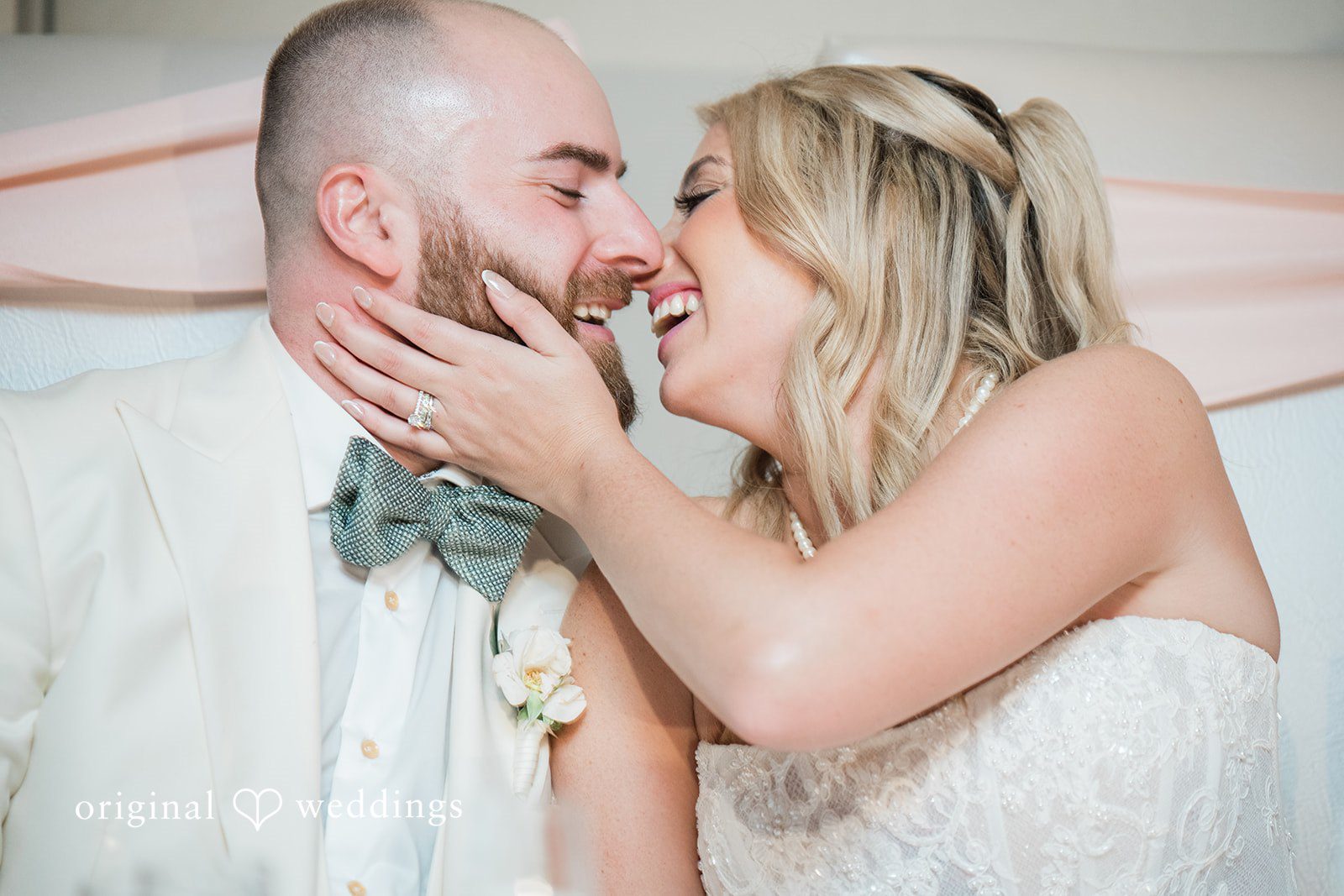 Jackie + Will Bride and groom touching foreheads and smiling