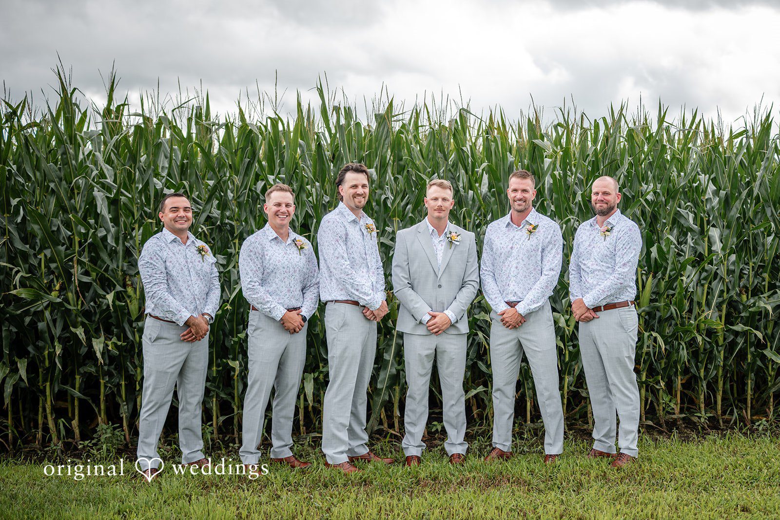 Groom and groomsmen beside a cornfield