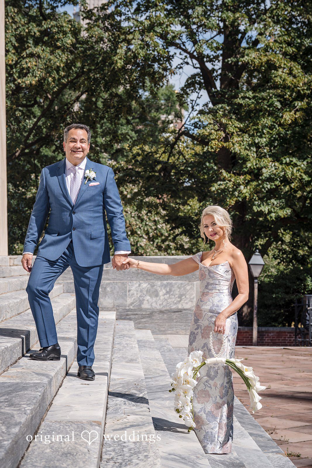 Alexandra + John Couple on historic stone steps at Barclay Prime