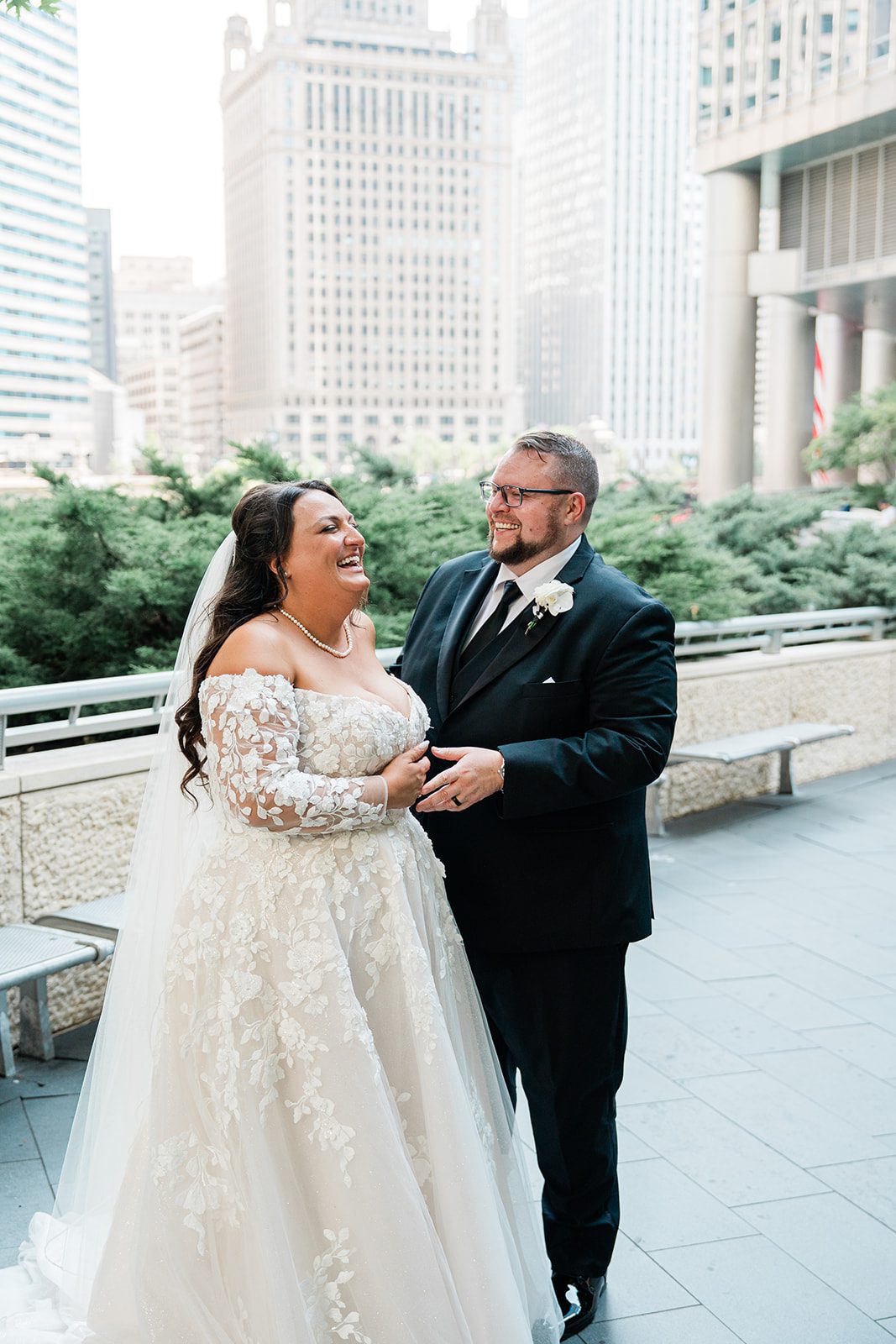 Bride and groom walking in the city