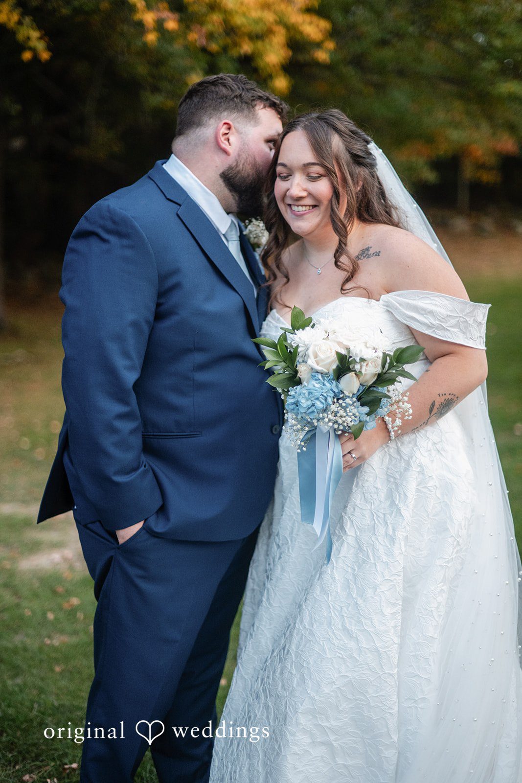 Erika and Daniel portrait among fall colors, captured by Boston wedding photographers from Original Weddings