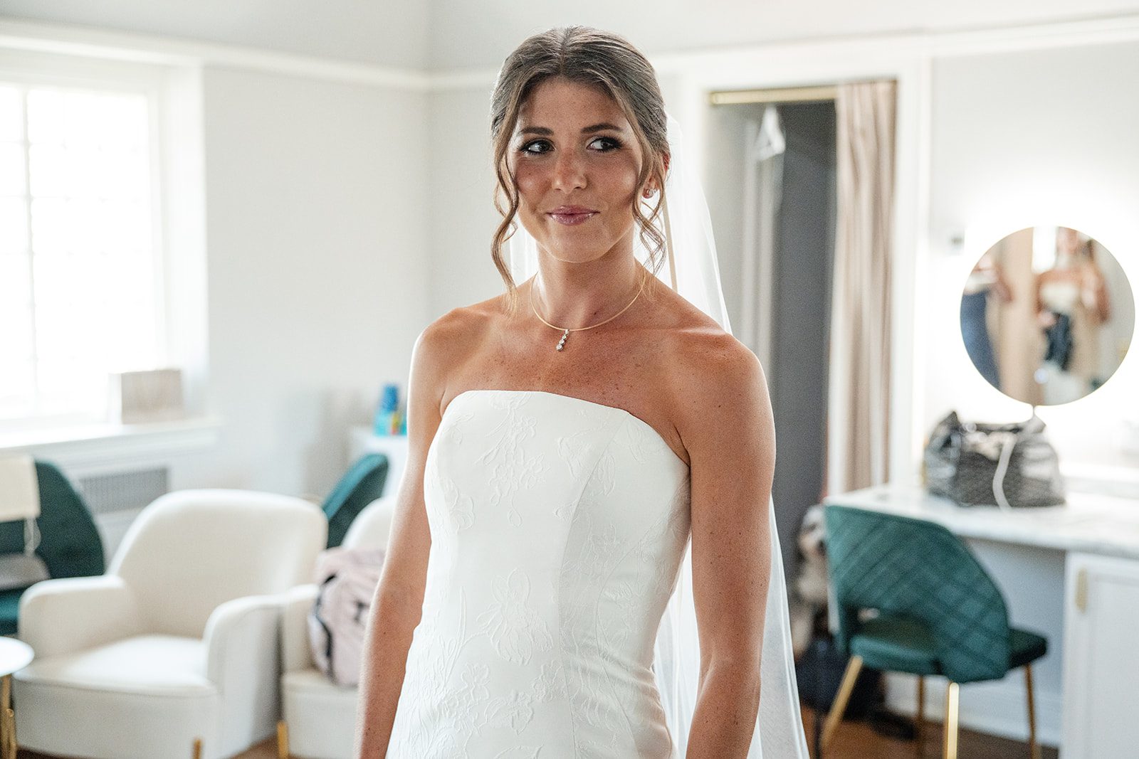 bishops-bay-country-club-timeless-madison-bianca-colin-p008-03 Bride smiling in her strapless gown
