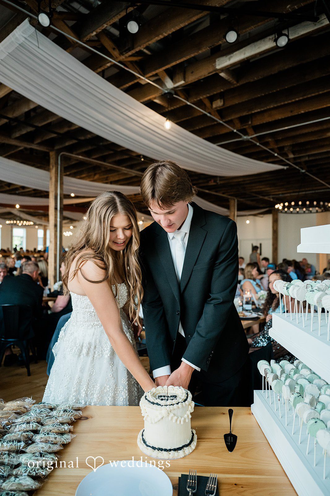 The couple cuts their wedding cake