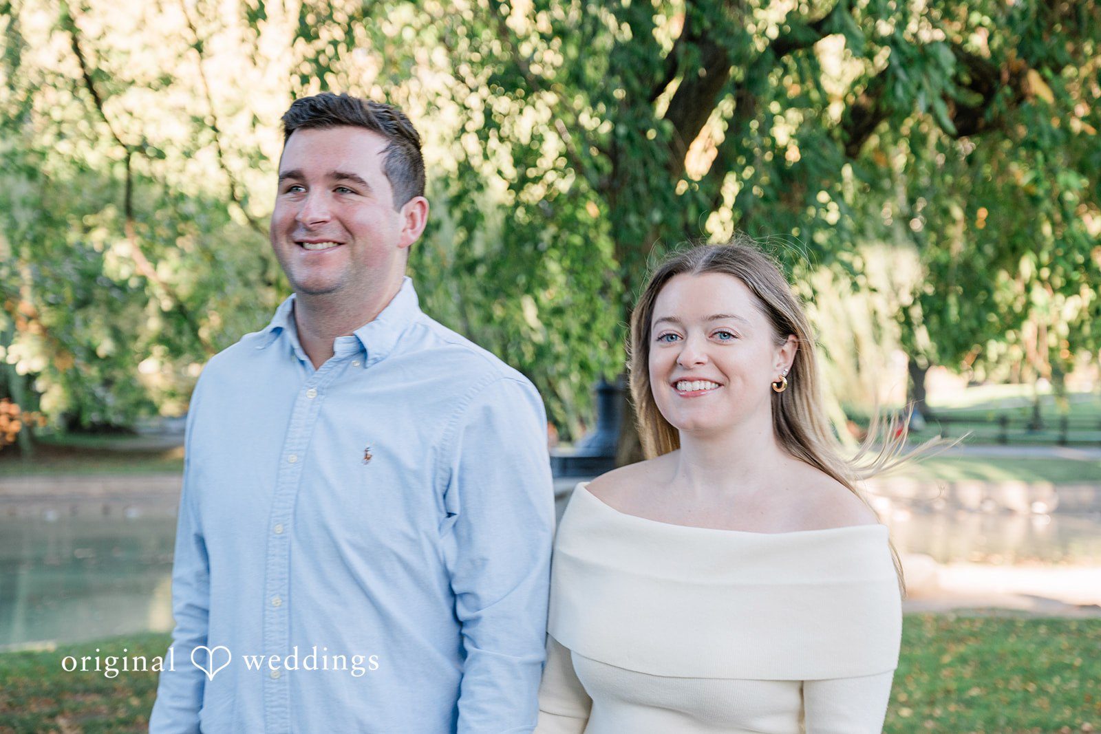 October 06, 2026 – Alice & Austin – (ID-6084) Couple smiling side by side among the trees at Boston Public Garden