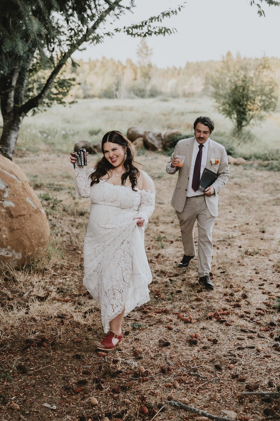 Couple walking through the trees