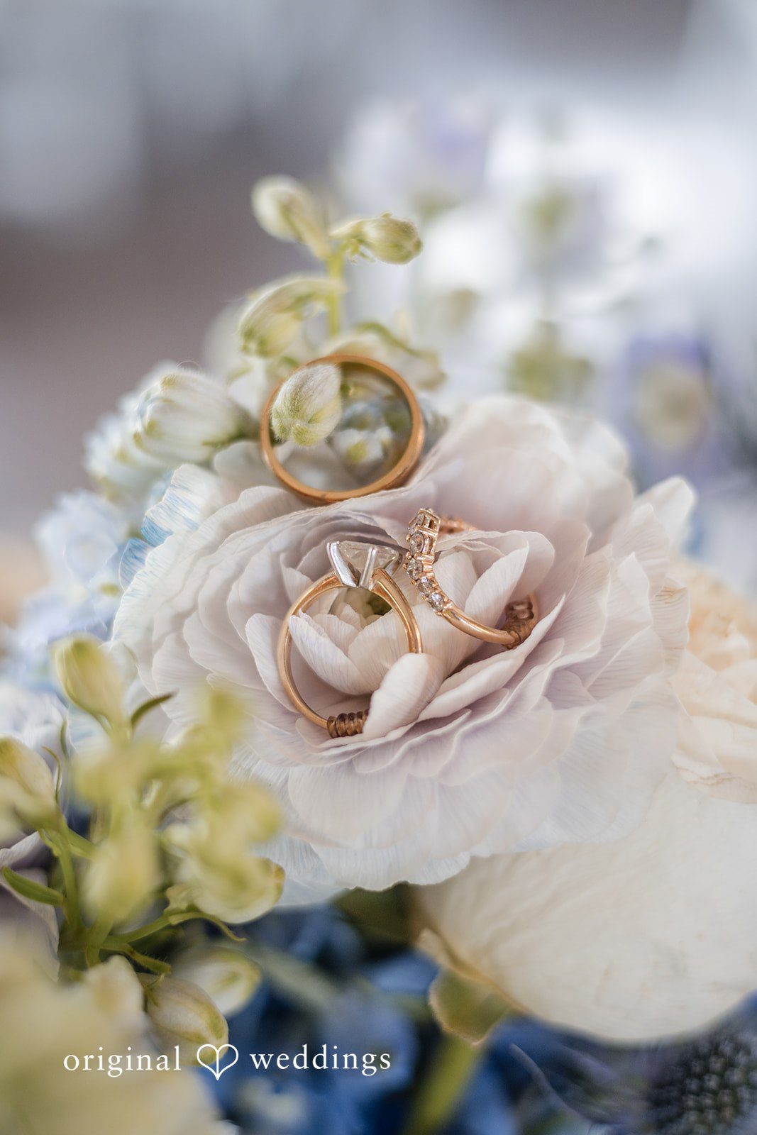 Wedding rings resting on soft florals