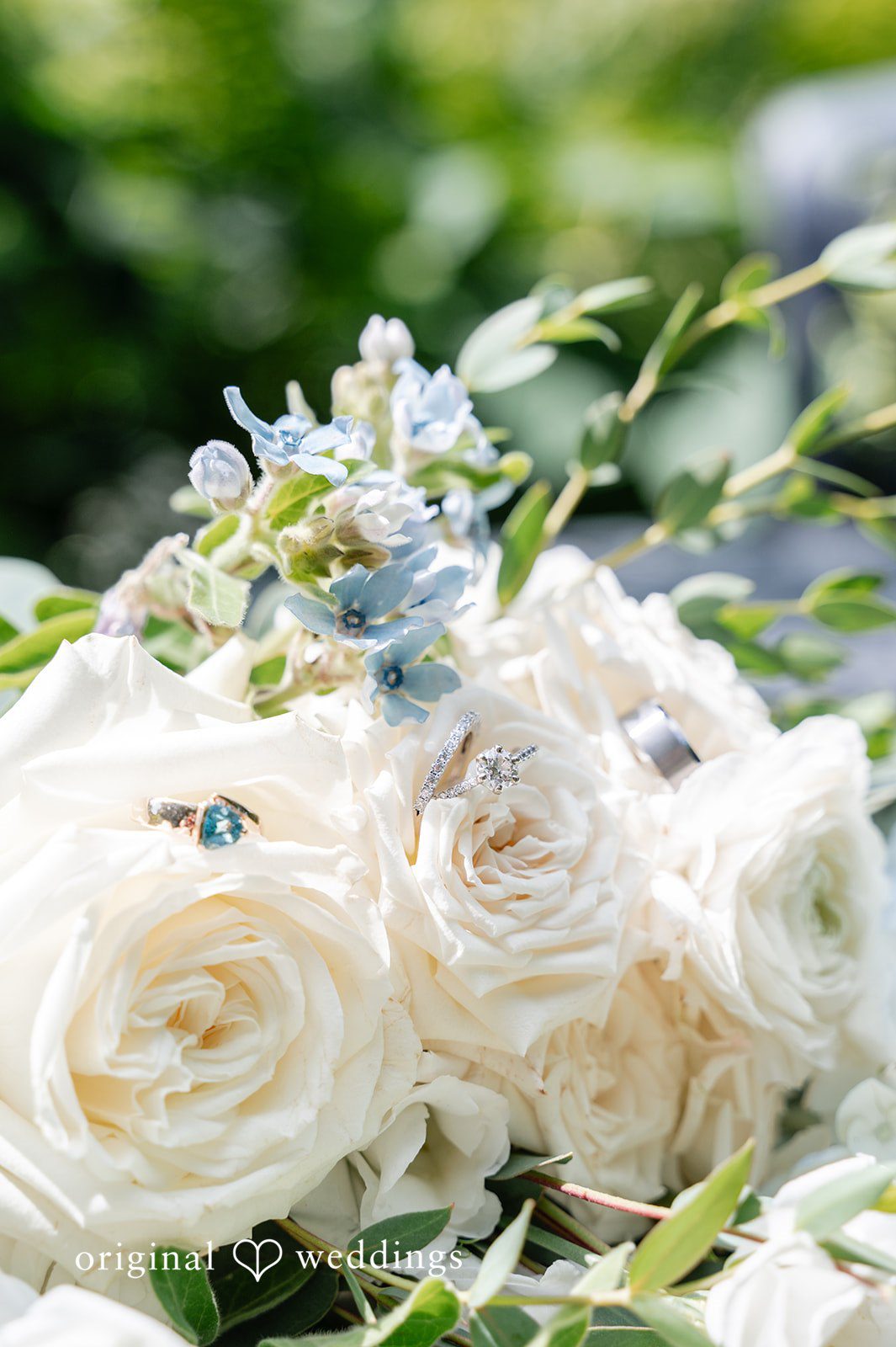 Rings and wedding bouquet