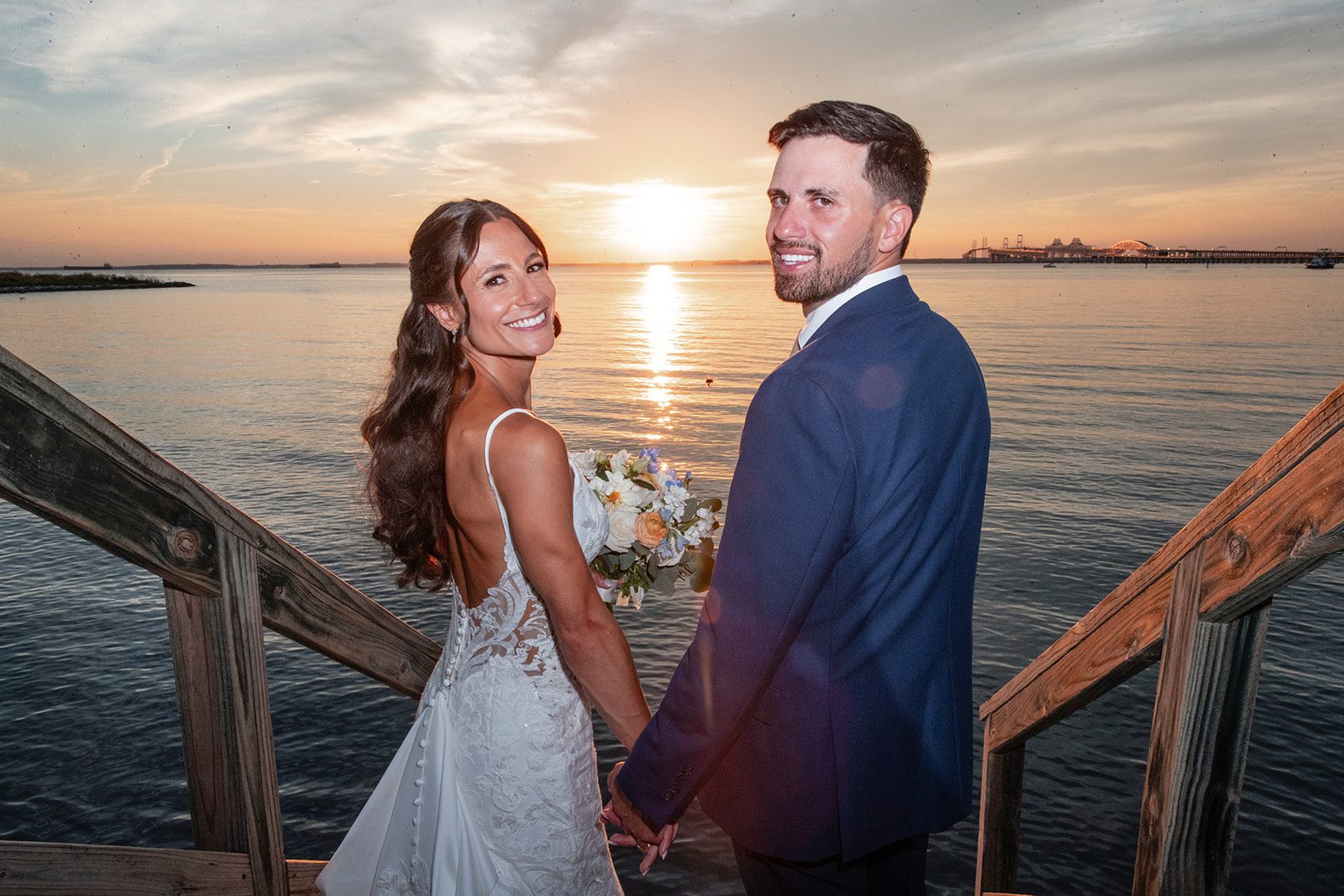 chesapeake-bay-beach-club-timeless-baltimore-kelsey-tom-037-50 Bride and groom at sunset on the dock by the bay, captured by Baltimore wedding photographers from Original Weddings at Chesapeake Bay Beach Club