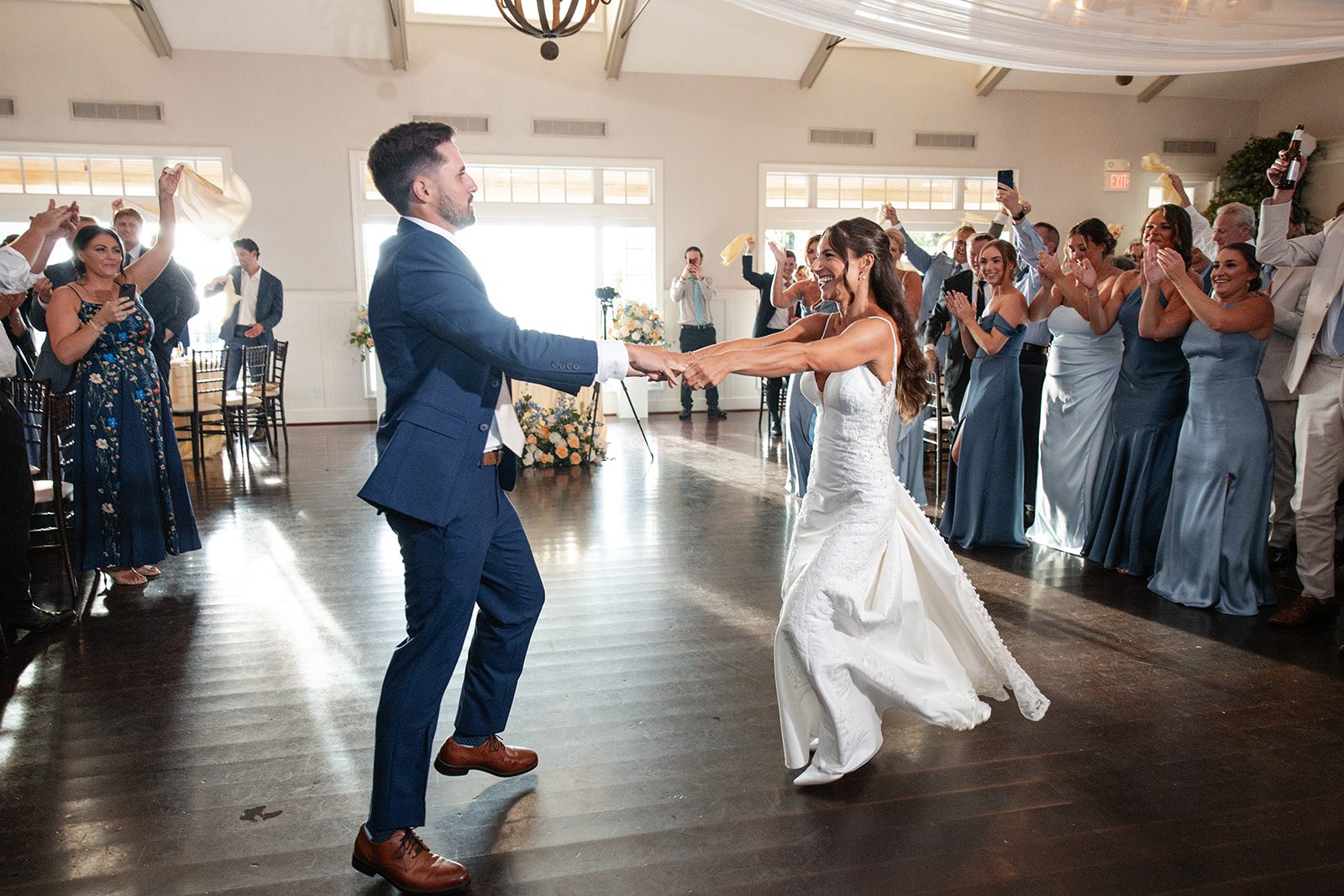 chesapeake-bay-beach-club-timeless-baltimore-kelsey-tom-043-38 Couple dancing into the reception