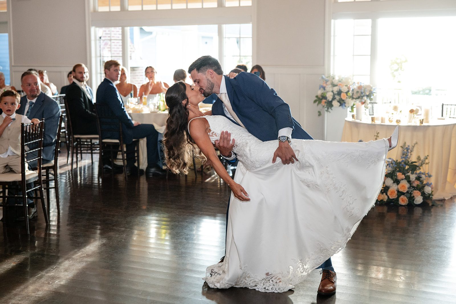 chesapeake-bay-beach-club-timeless-baltimore-kelsey-tom-048-13 Couple dancing with guests watching