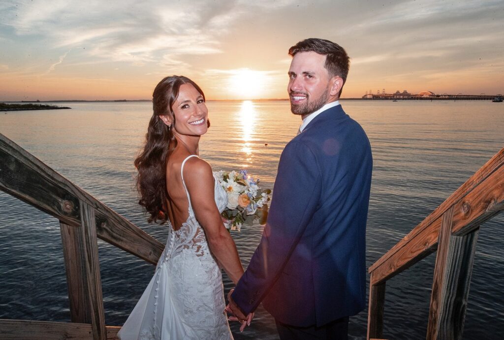 Chesapeake Bay Beach Club Wedding | Kelsey & Tom 2 Bride and groom at sunset on the dock by the bay, captured by Baltimore wedding photographers from Original Weddings at Chesapeake Bay Beach Club