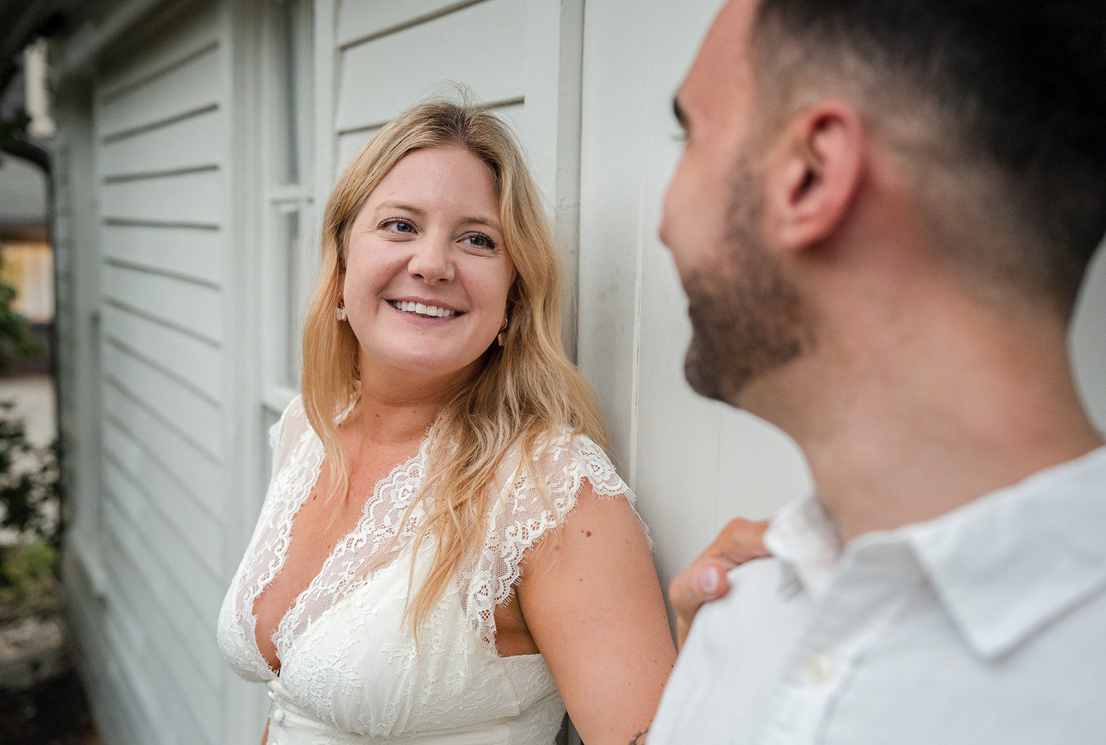 Close portrait of the engaged couple, captured with engagement photography services from Original Weddings at Lilacia Park