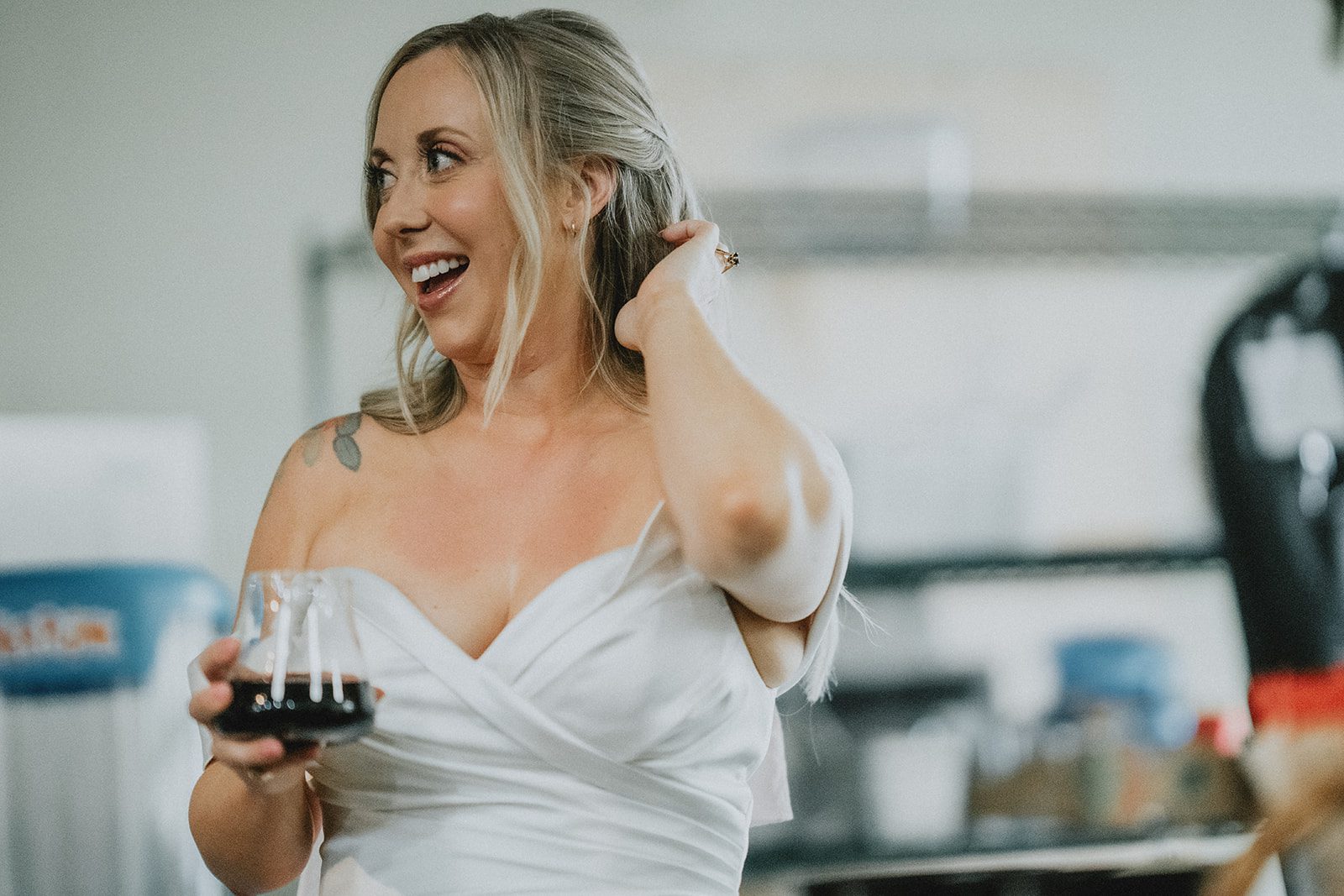 Bride laughing in her gown at Chill Chill Chill