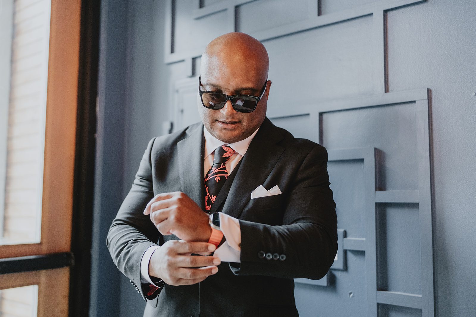 Groom in sunglasses getting ready at Chill Chill Chill