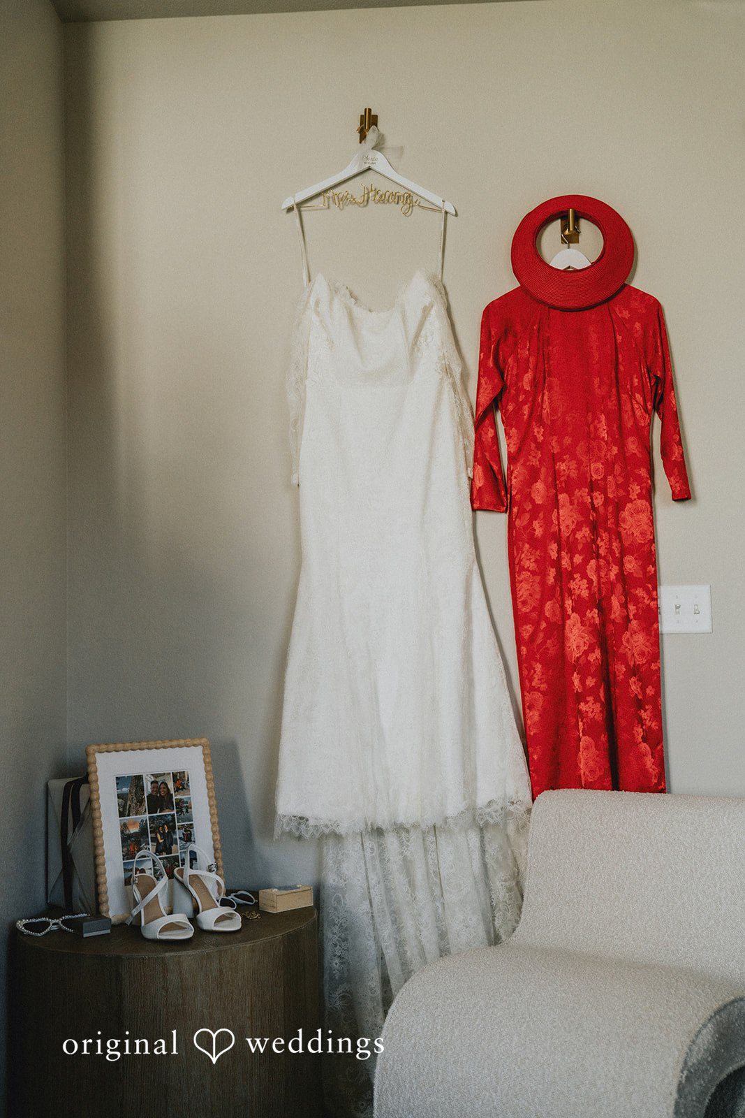 Sonia + Michael Bride's white wedding gown and red ao dai hanging side by side