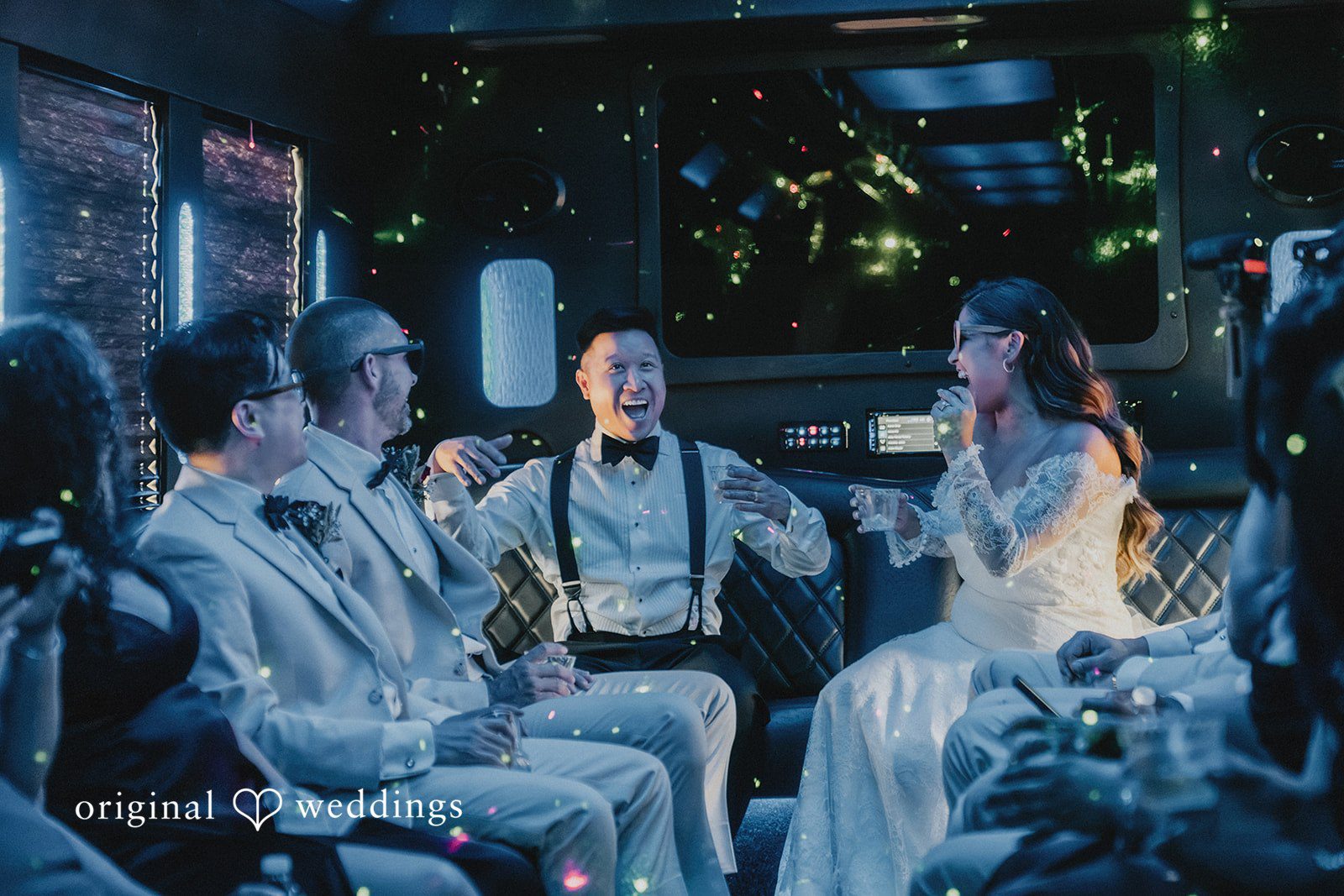 Sonia + Michael Groomsmen and bridesmaids riding the party bus together