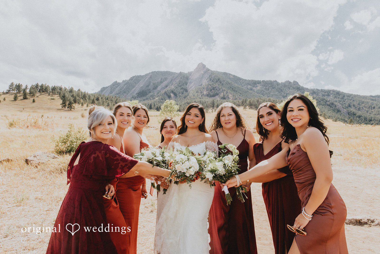 Sonia + Michael Bridesmaids in rust gowns with the bride and mountain views