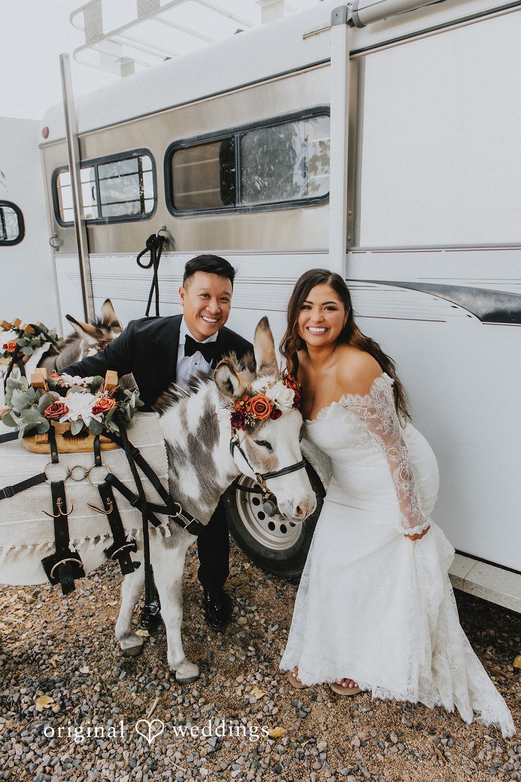 Sonia + Michael Bride and groom having fun with goats next to a vintage trailer