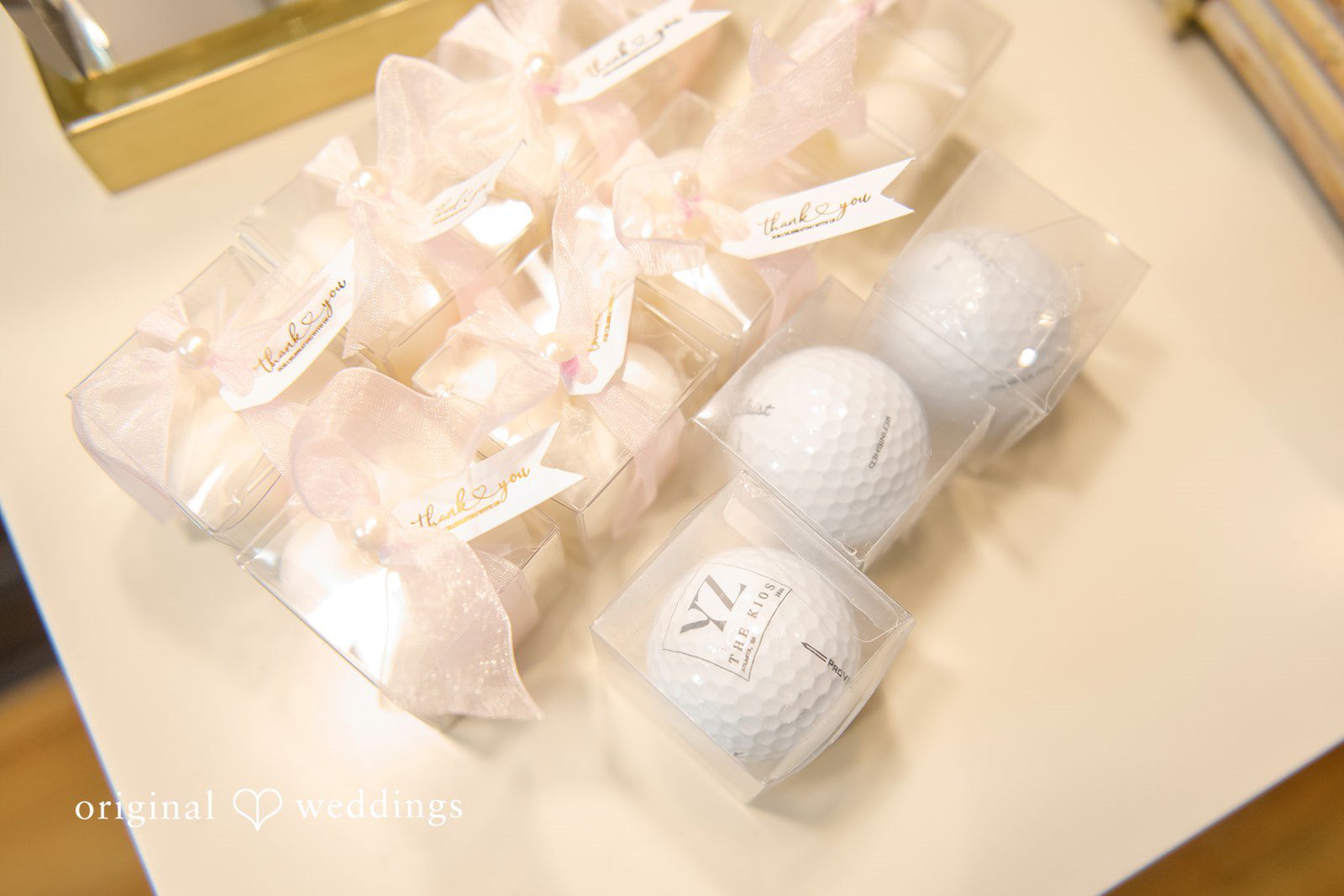 Yuri + Zachary Wedding favors and details set out at Collier Hall