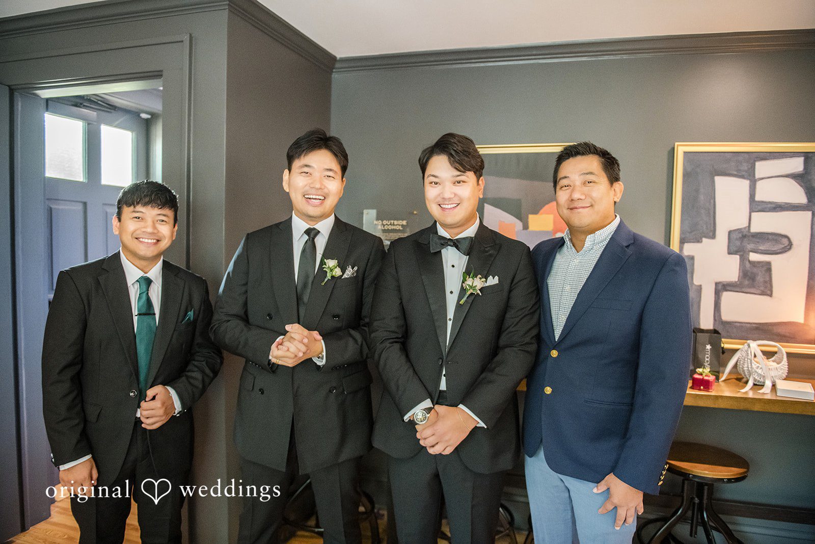 Yuri + Zachary Groom and groomsmen in the lounge at Collier Hall