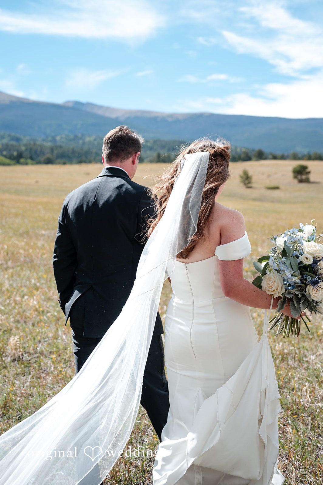 Erin + John Couple standing in the golden field at the Colorado backyard wedding