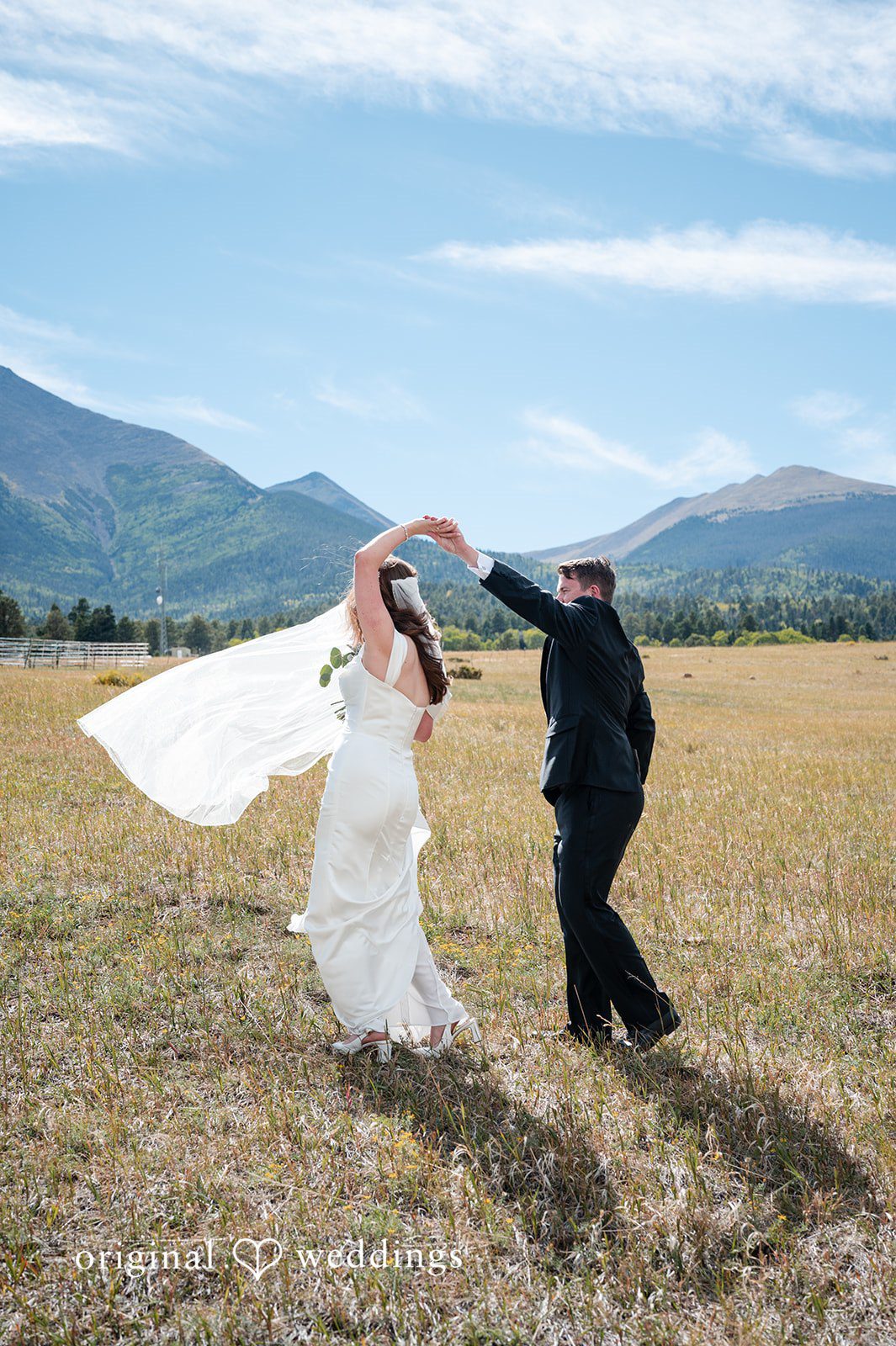 Erin + John Bride twirling her dress in the meadow
