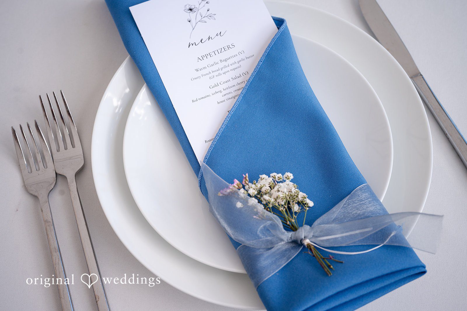 Erin + John Blue napkin and place setting detail
