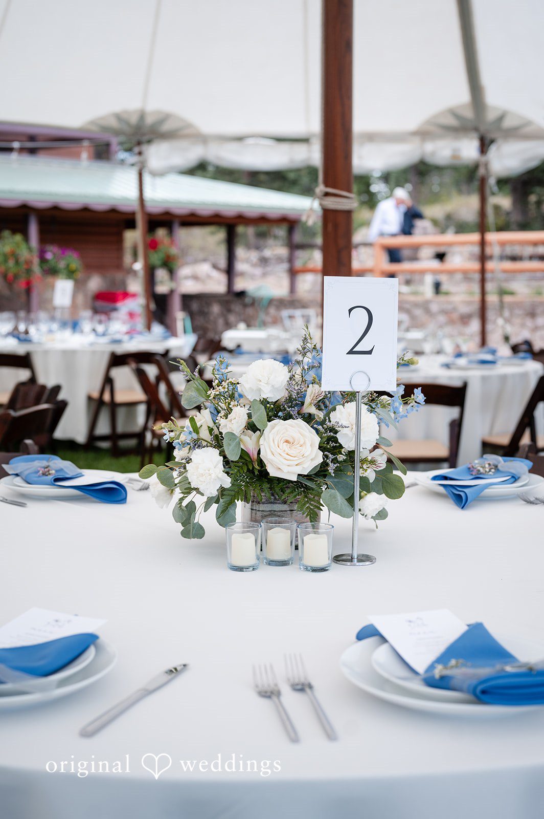 Erin + John Reception table set with a table number and florals at the Colorado backyard wedding