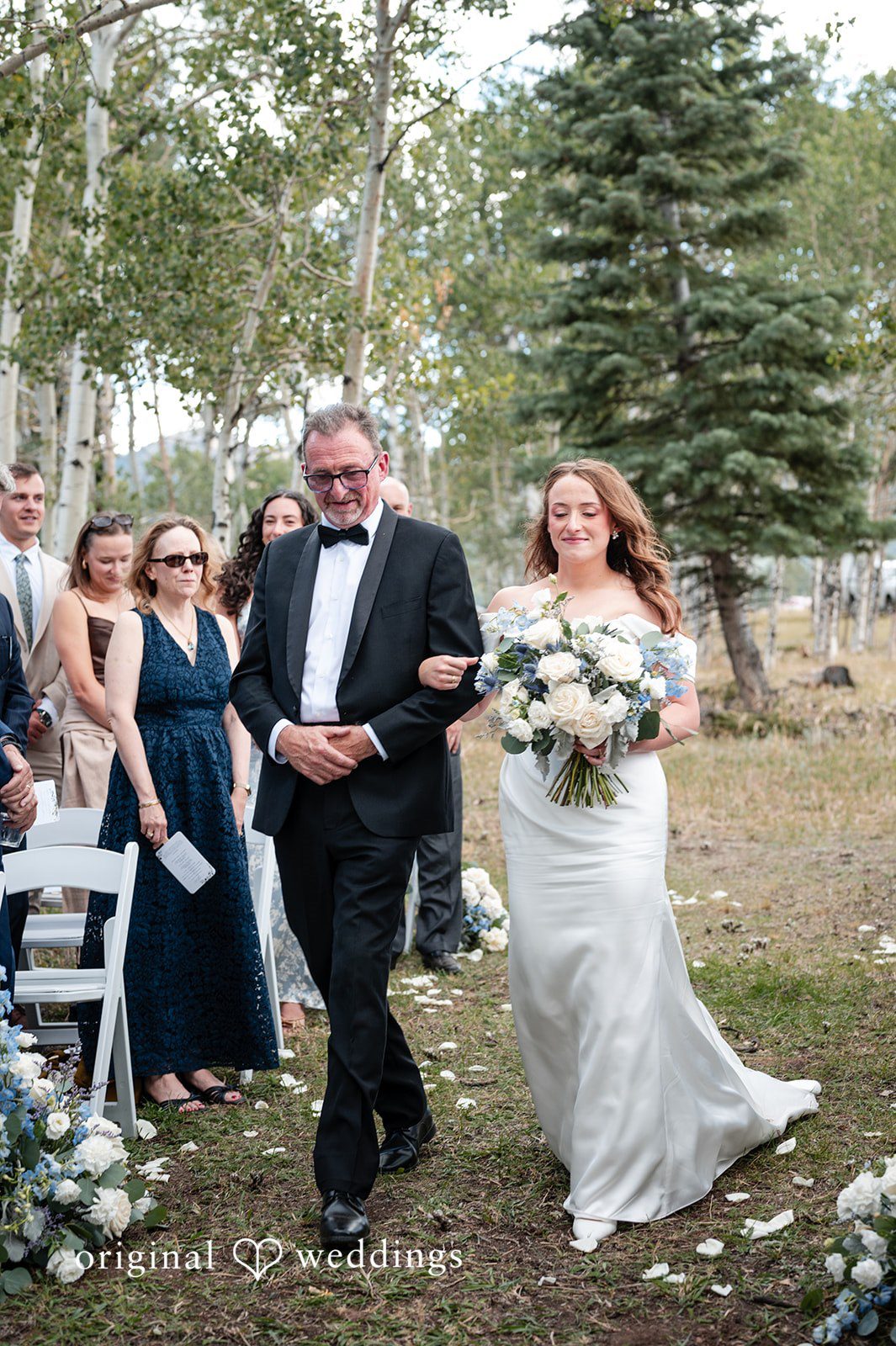 Erin + John Father walking the bride down the aisle at the Colorado backyard wedding