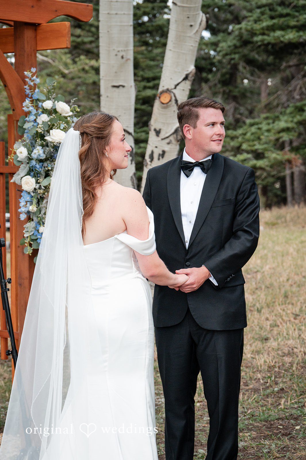 Erin + John Couple holding hands among the aspen trees