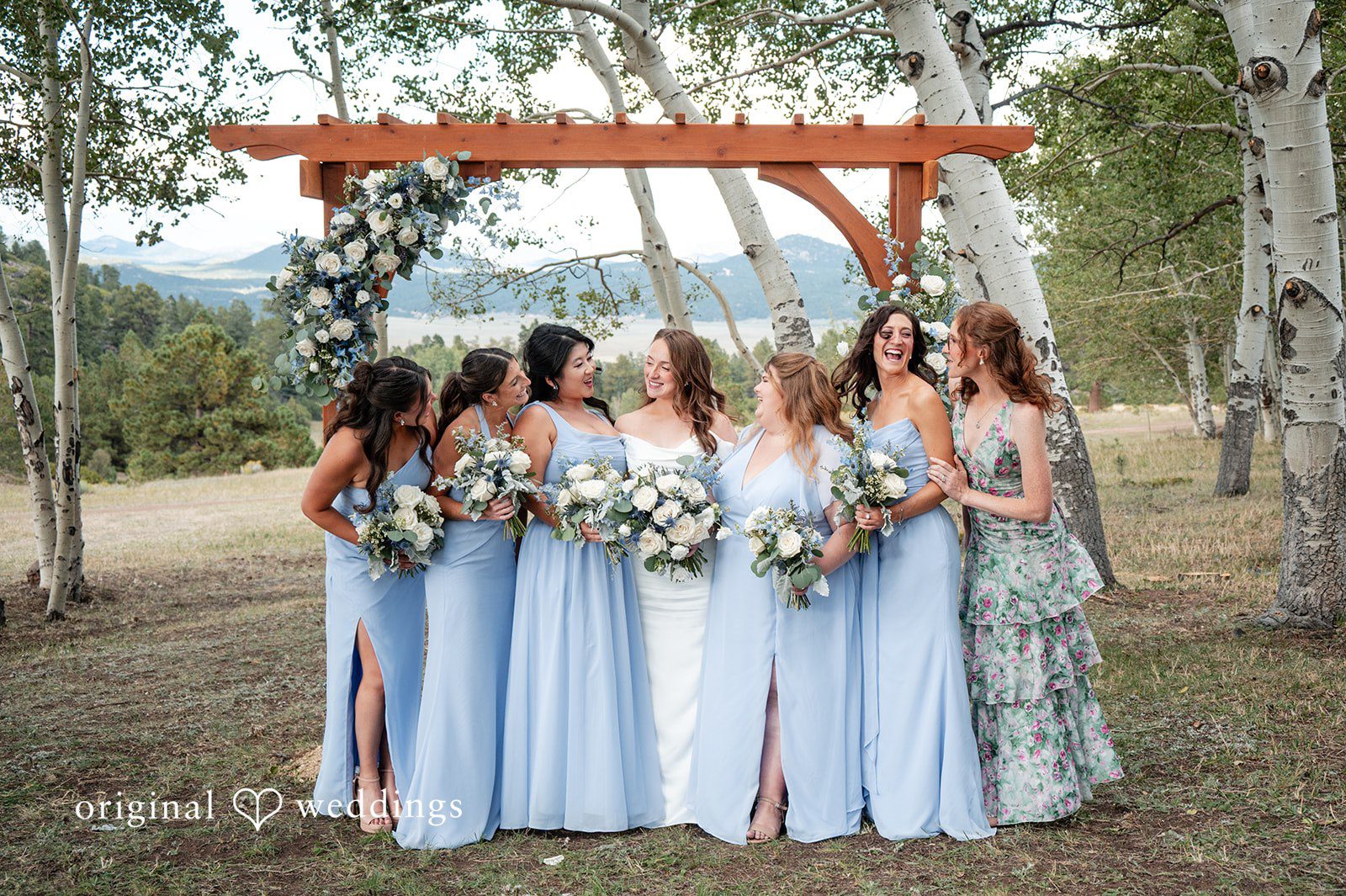 Erin + John Bridesmaids in light blue at the wooden arch