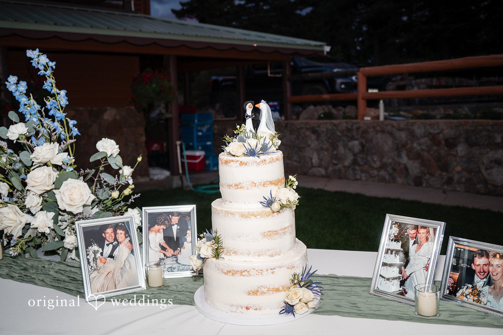 Erin + John Wedding cake with family photos at Erin and John's Colorado backyard wedding