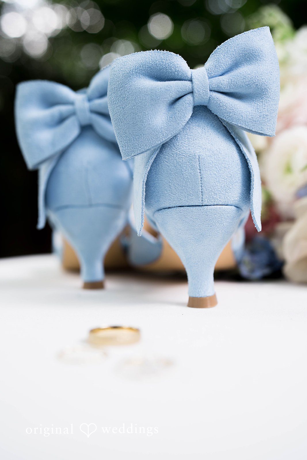 Griffin + Lauren Blue bridal shoes with wedding rings