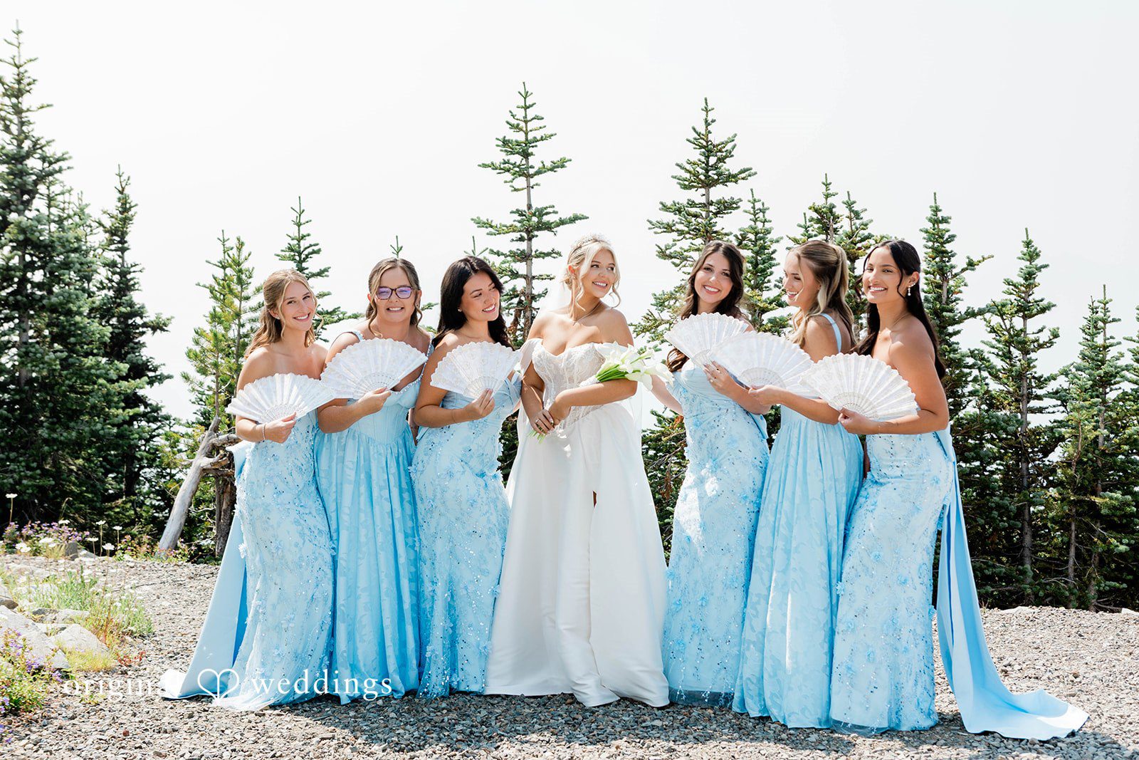 Bethany + Ryan A bride poses with six bridesmaids wearing matching light-blue dresses.