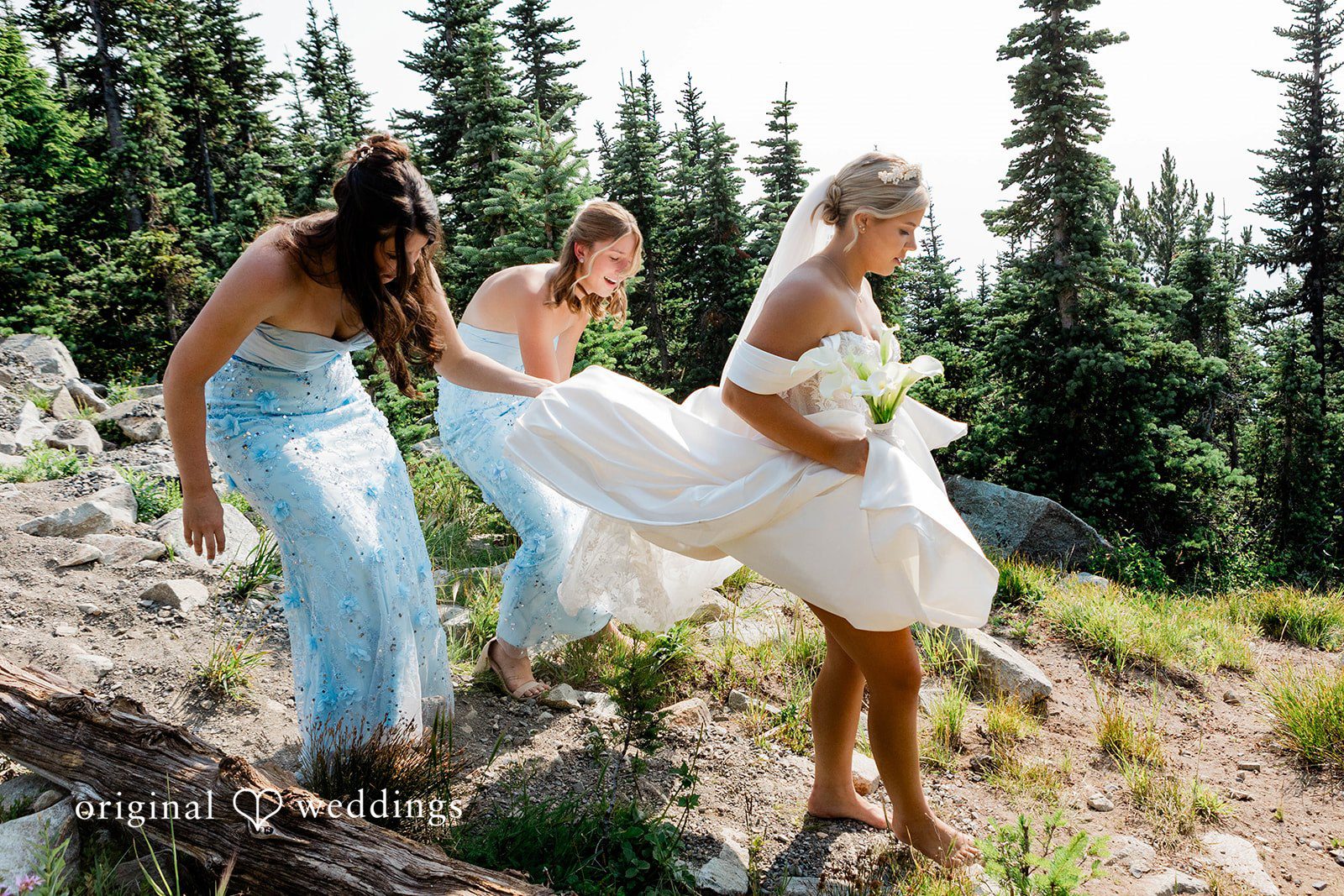 Bethany + Ryan A bride and her bridesmaids walk up a grassy hill with mountains in the background.