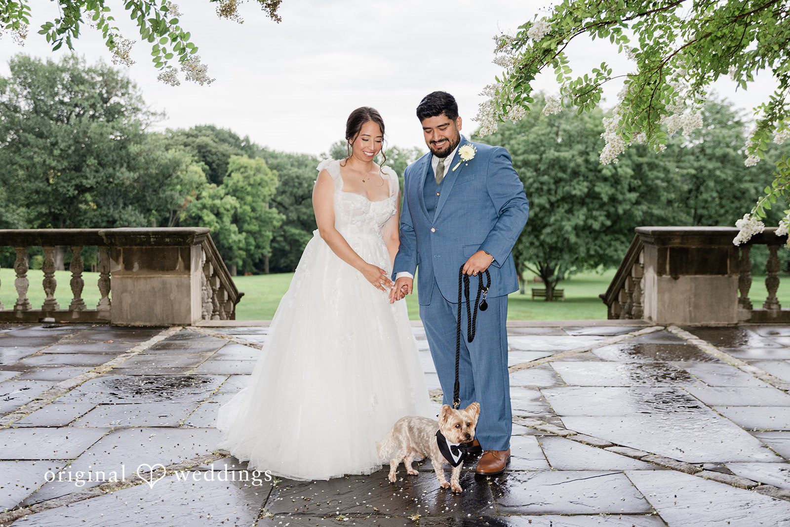 Couple standing on the stone terrace at Curtis Arboretum