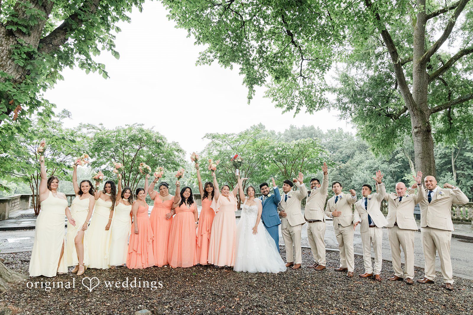 Wedding party lined up on the lawn at Curtis Arboretum