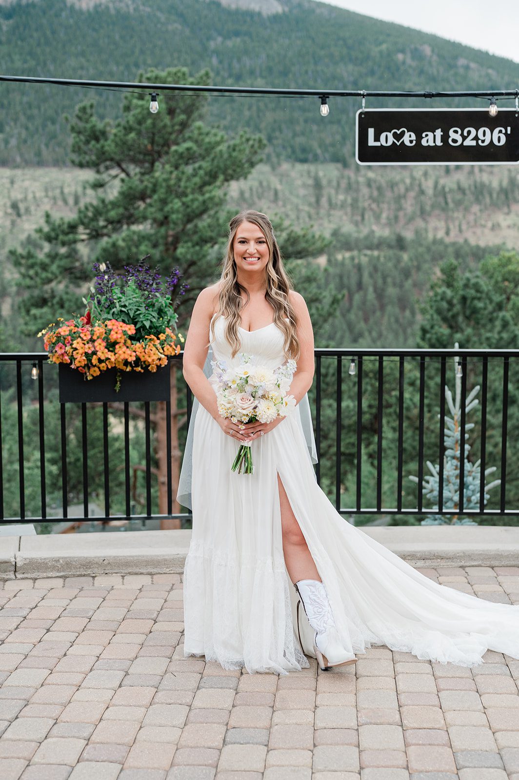 Bride in her wedding gown holding her bouquet