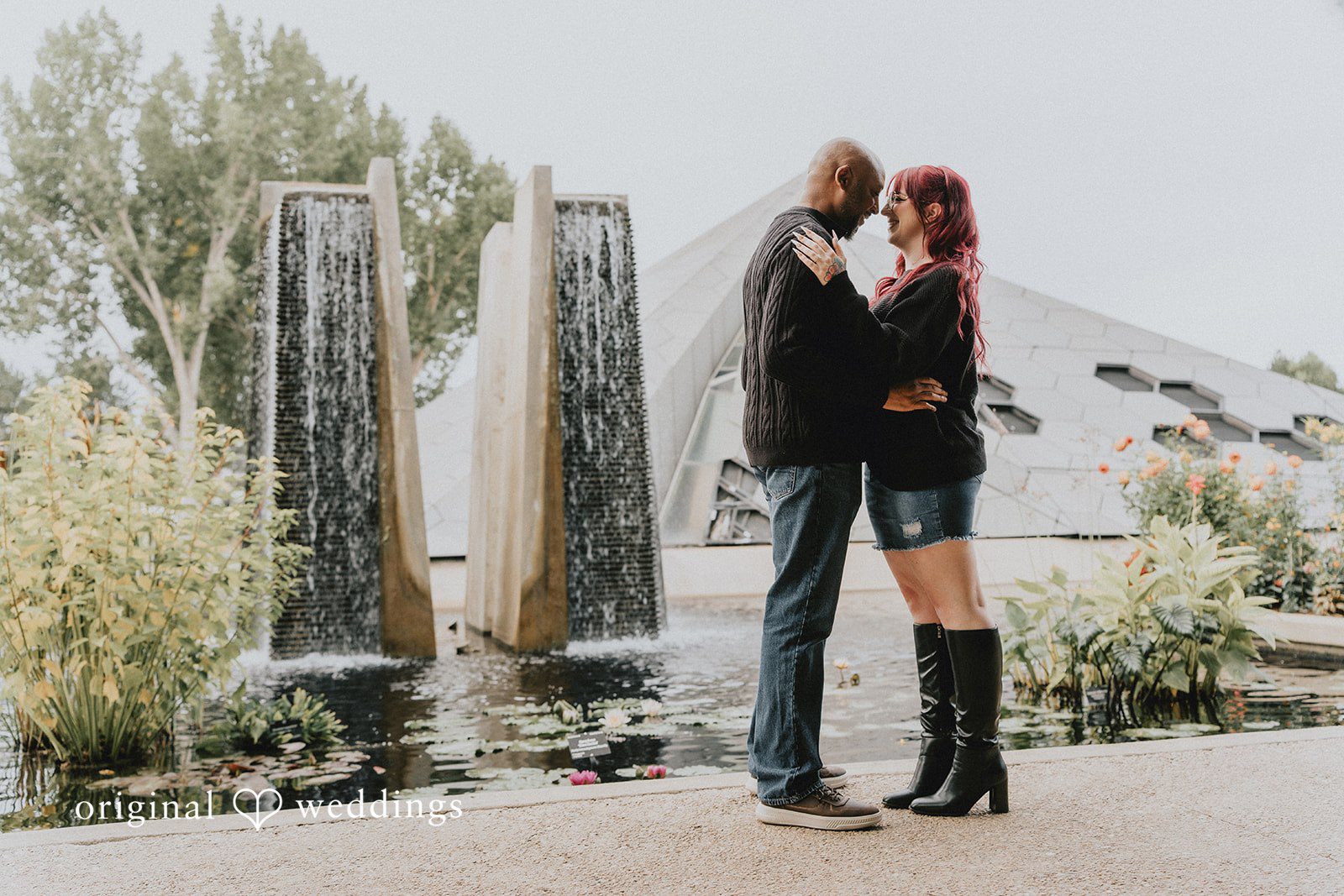 Nikki + Kevin Nikki and Kevin by a modern water fountain at Denver Botanic Gardens