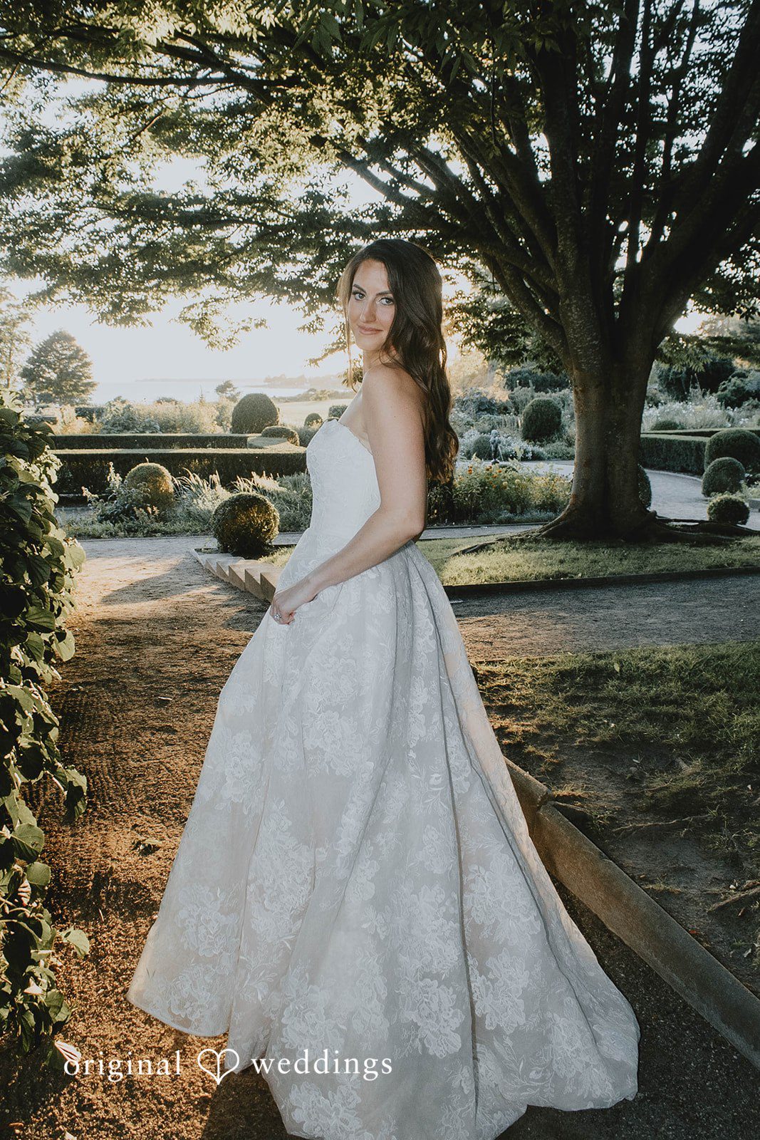 Alexa + Frank Bride in her gown in the gardens at Eolia Mansion