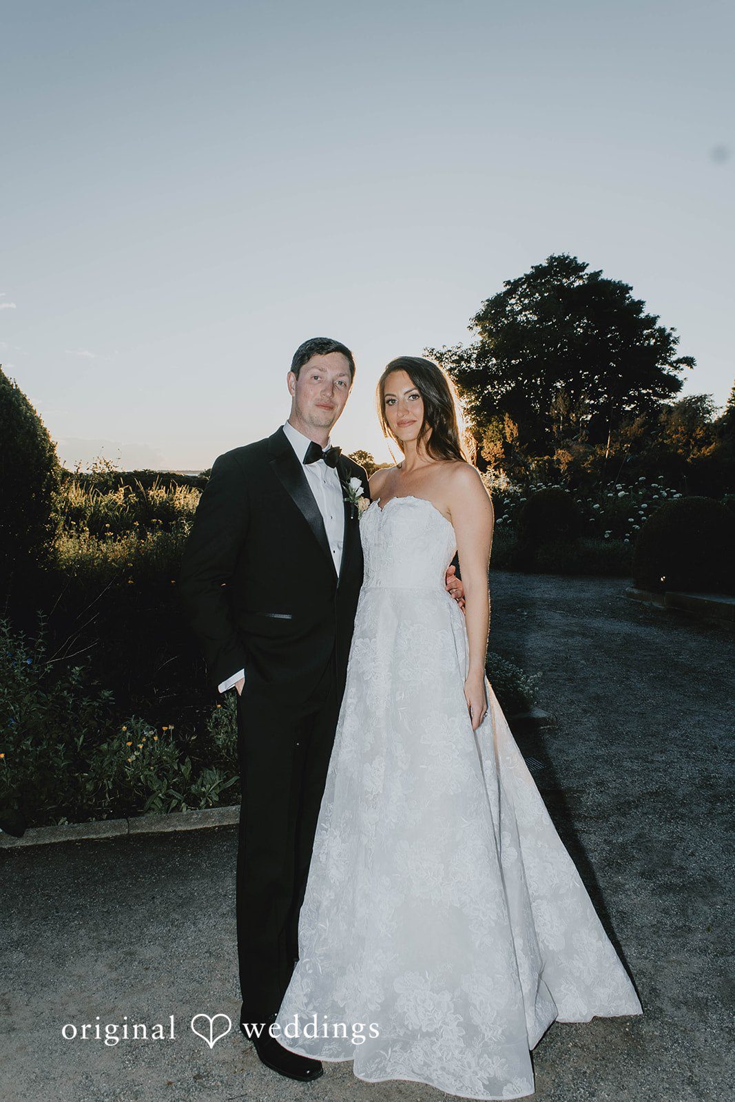 Alexa + Frank Bride and groom smiling together at dusk, captured by Hartford wedding photographers from Original Weddings at Eolia Mansion
