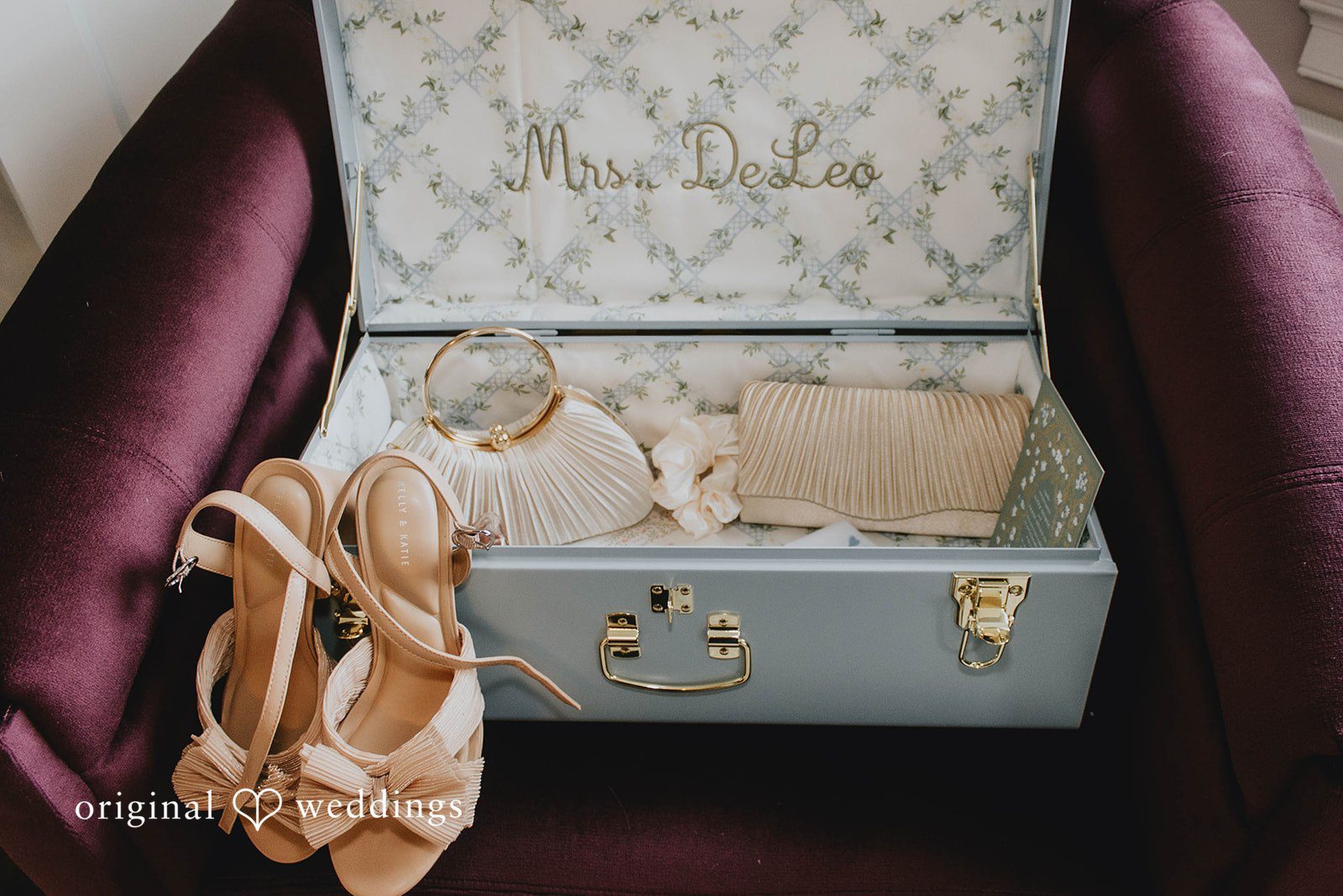 Alexa + Frank Bridal sandals and details in a vintage keepsake case