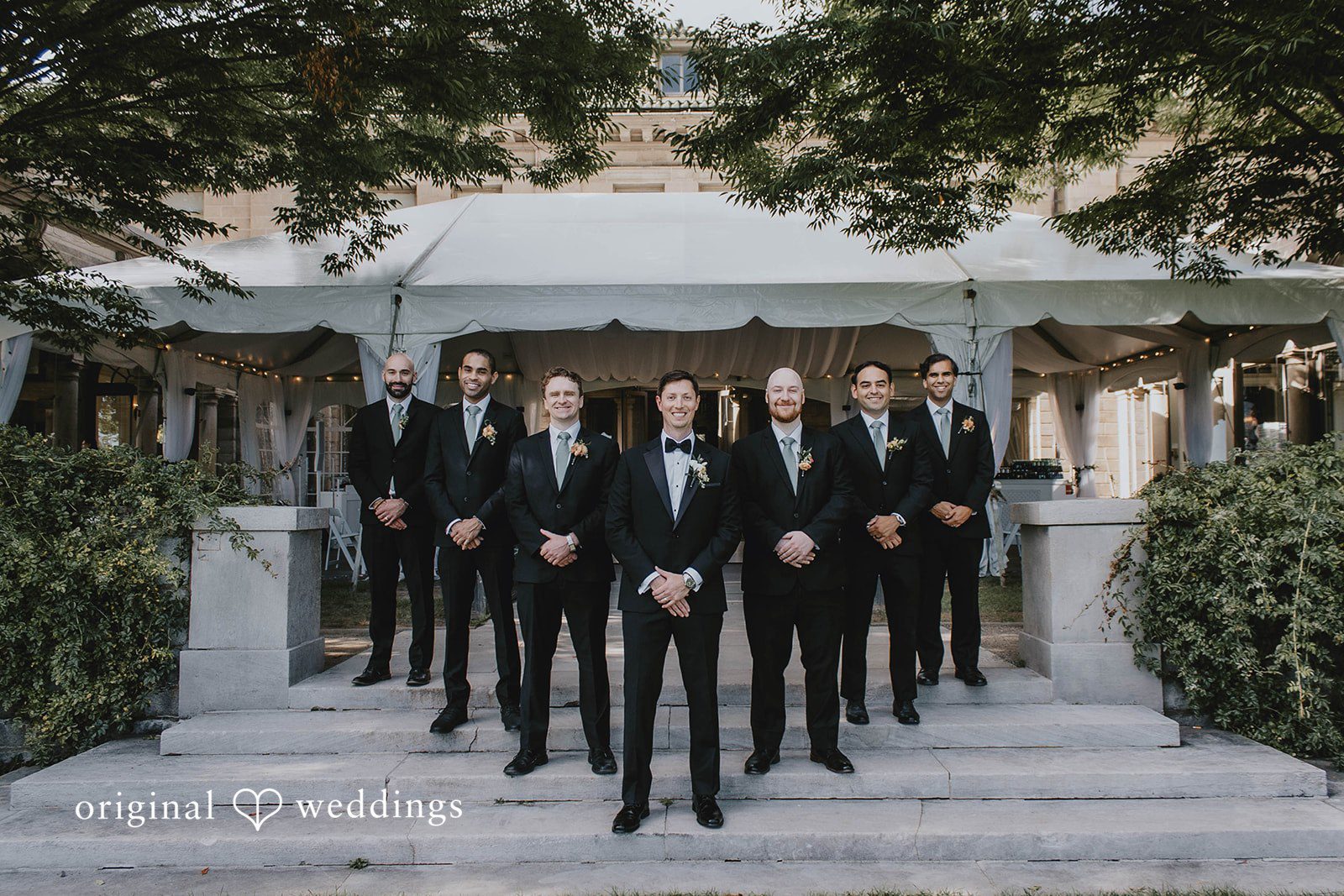 Alexa + Frank Groom and groomsmen in black tuxedos at Eolia Mansion
