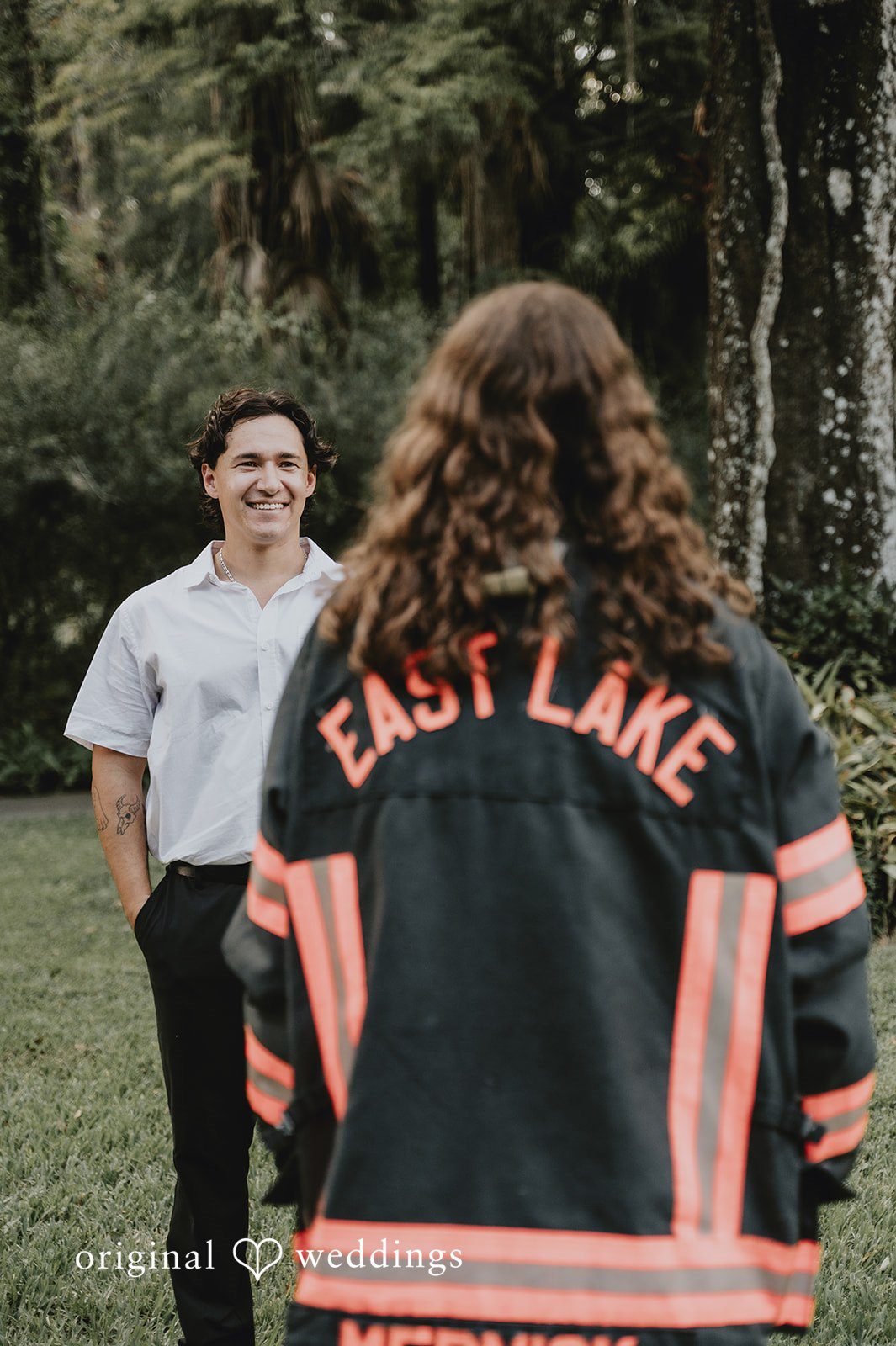Larissa + Harley Larissa wearing Harley's fire department jacket