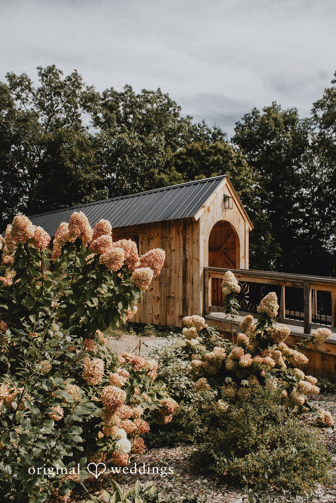Sarah + Christopher A rustic wooden barn style building surrounded by dense green trees.