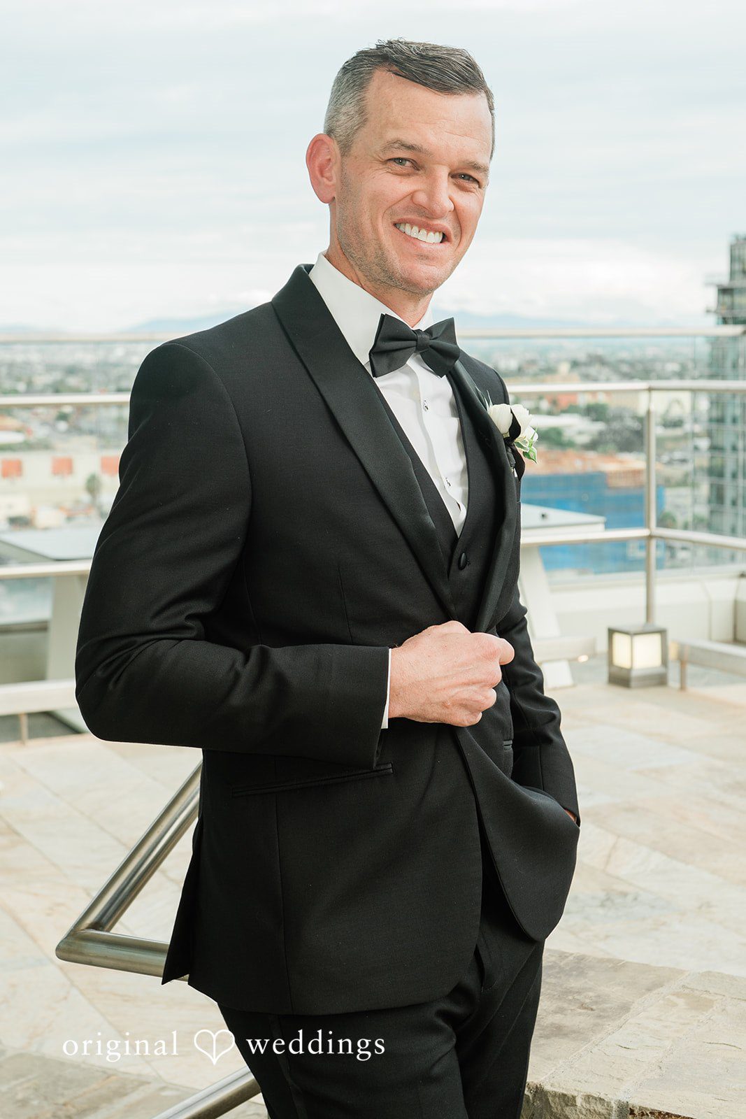 Portrait of Brett in his tuxedo at Fleurette