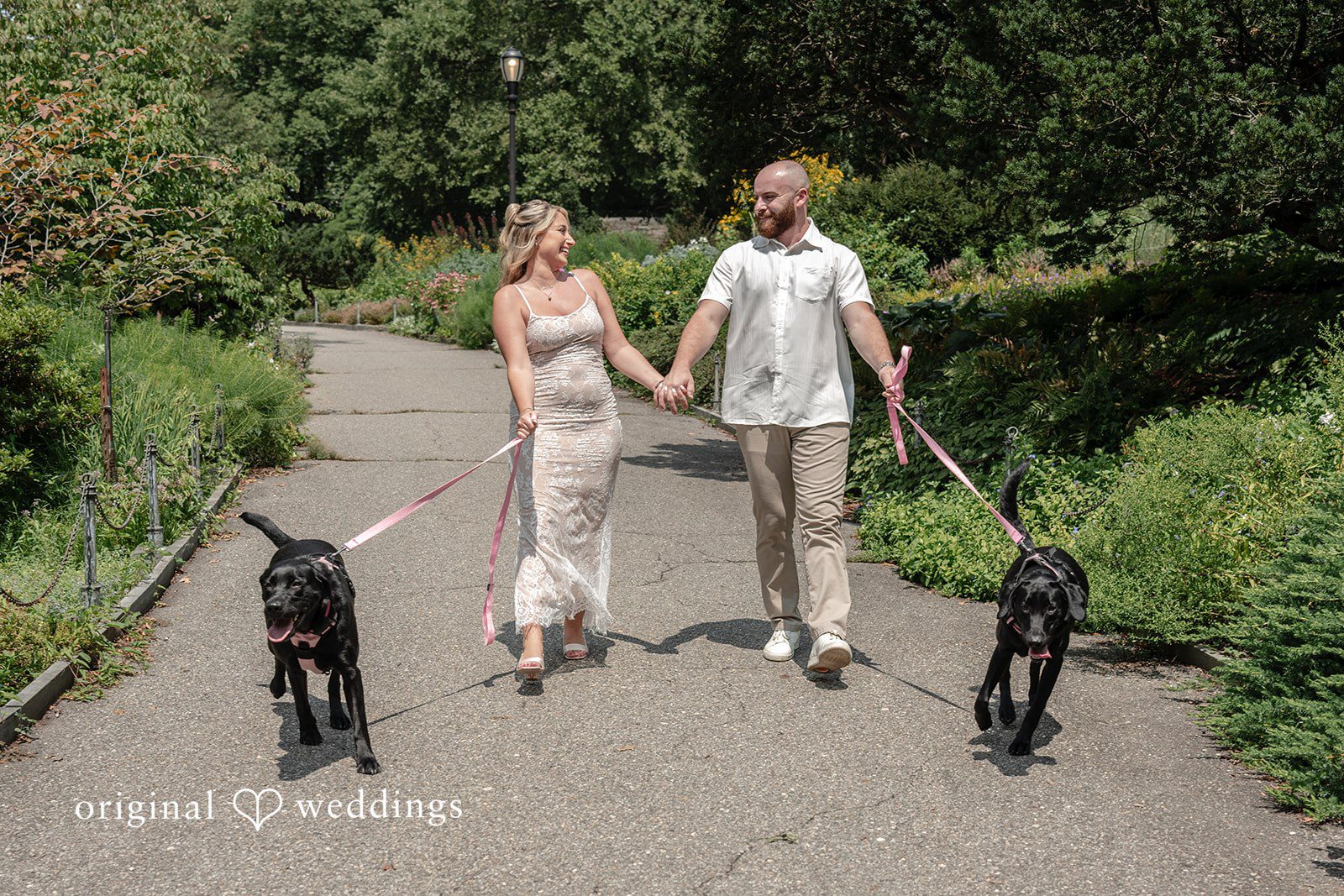 Jackie + Will The couple takes a walk with their pups