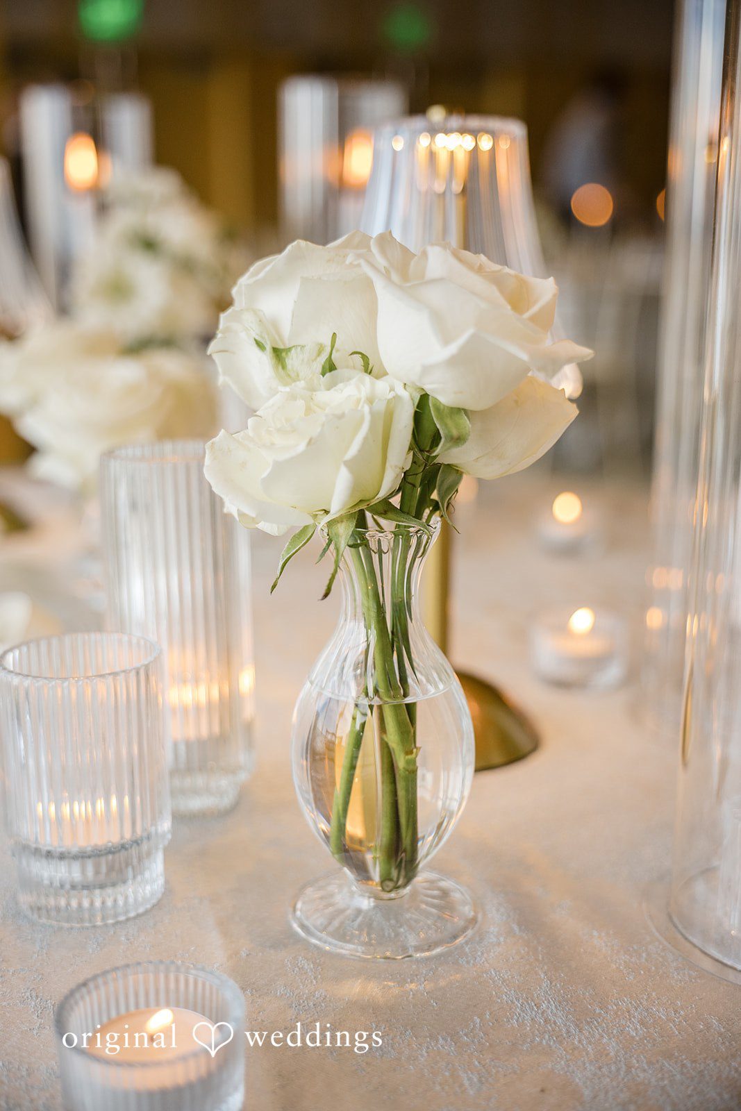 John + Michelle Close-up of delicate white flowers arranged in a glass vase.