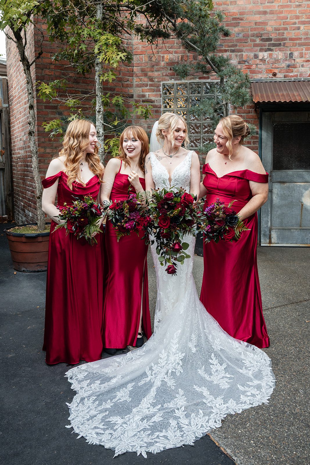 Bride with her bridesmaids in red at Georgetown Ballroom Bride with her bridesmaids in red at Georgetown Ballroom