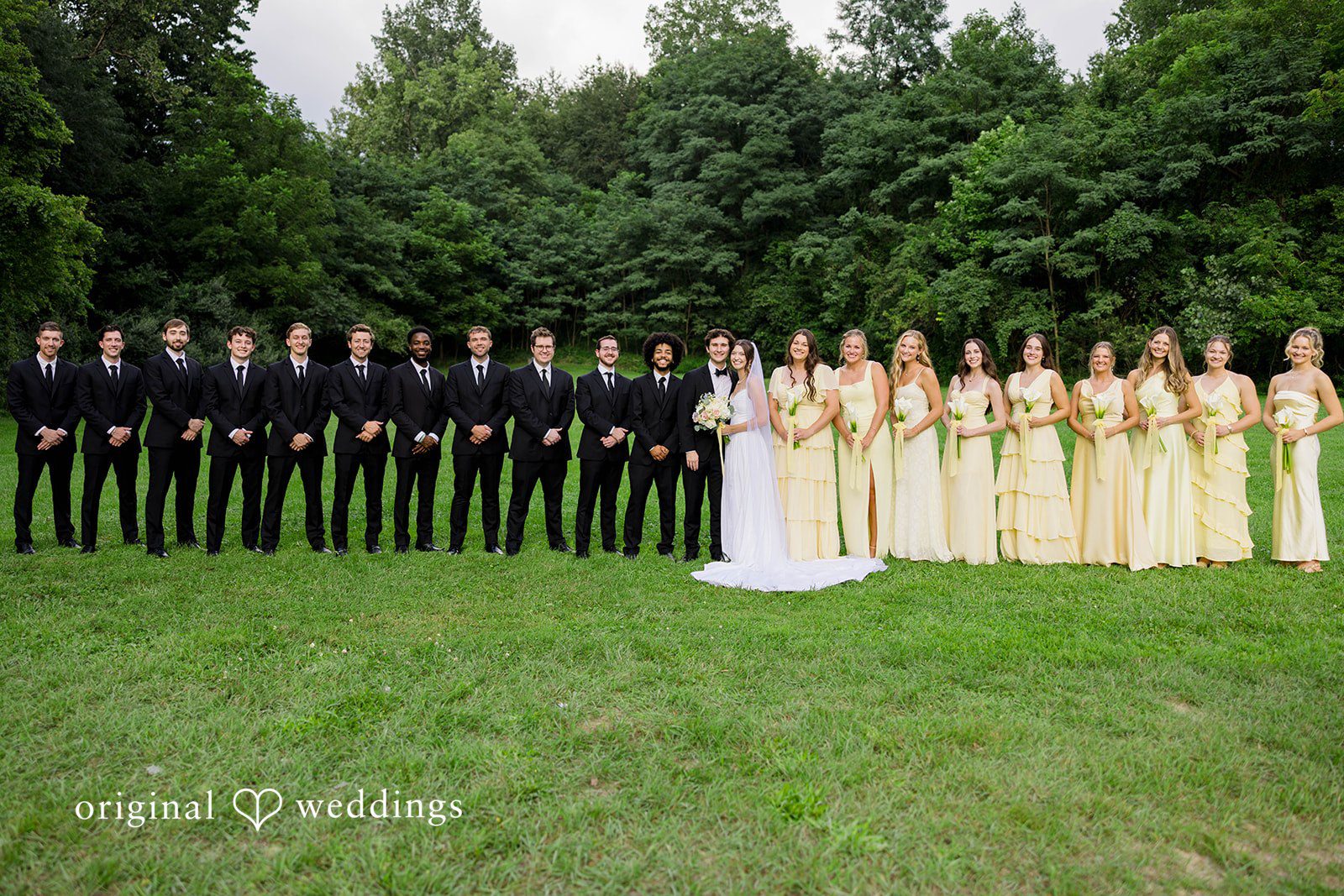 Ethan + Kelcy Full wedding party standing in a line on the lawn